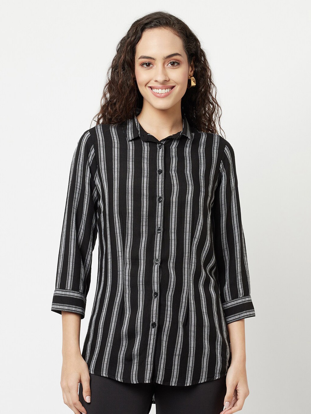 

Crimsoune Club Women Black Slim Fit Striped Casual Shirt