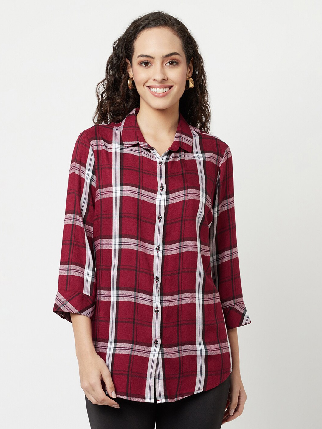 

Crimsoune Club Women Maroon Tartan Checks Casual Shirt
