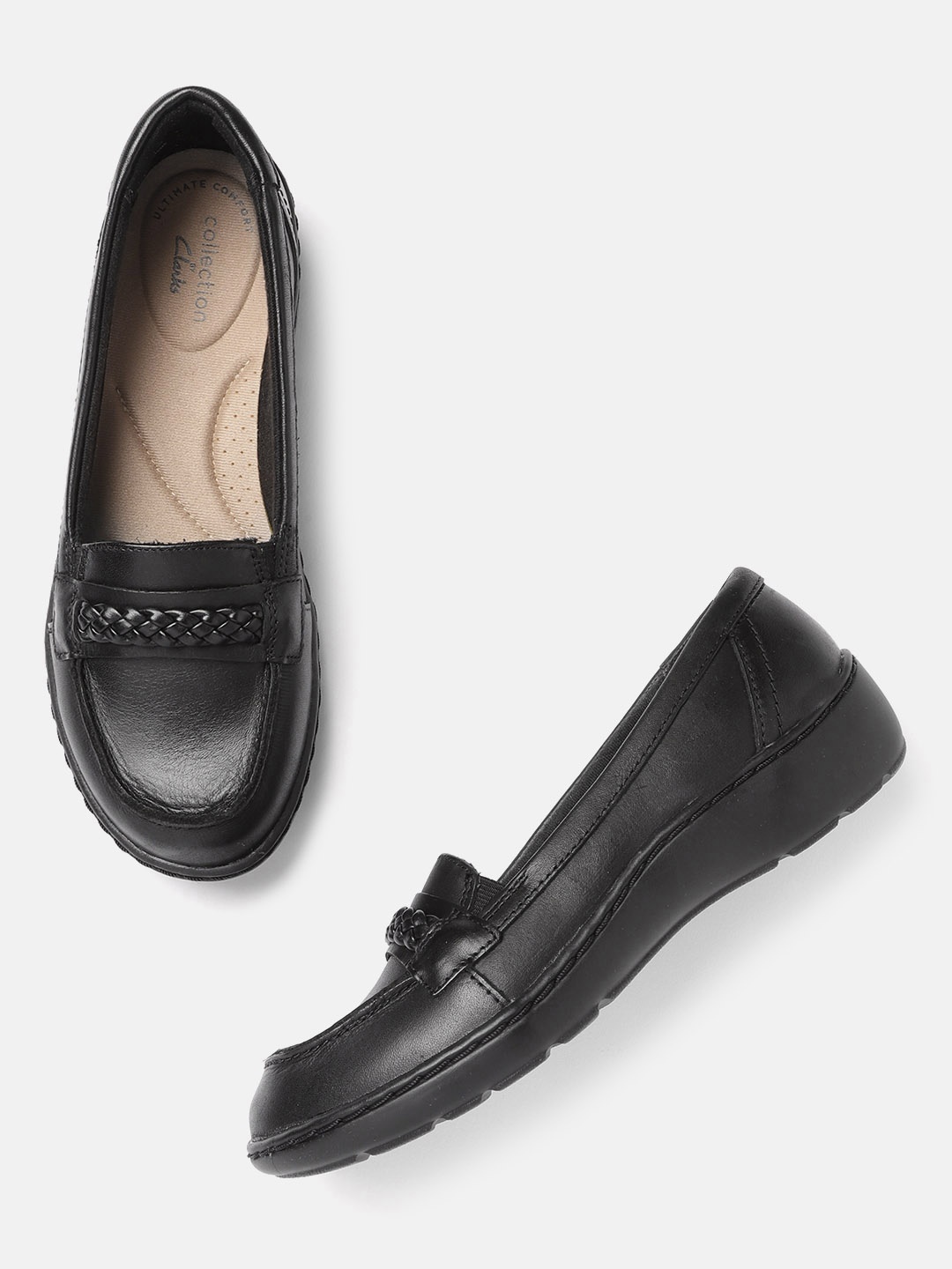 

Clarks Women Black Woven Design Leather Loafers