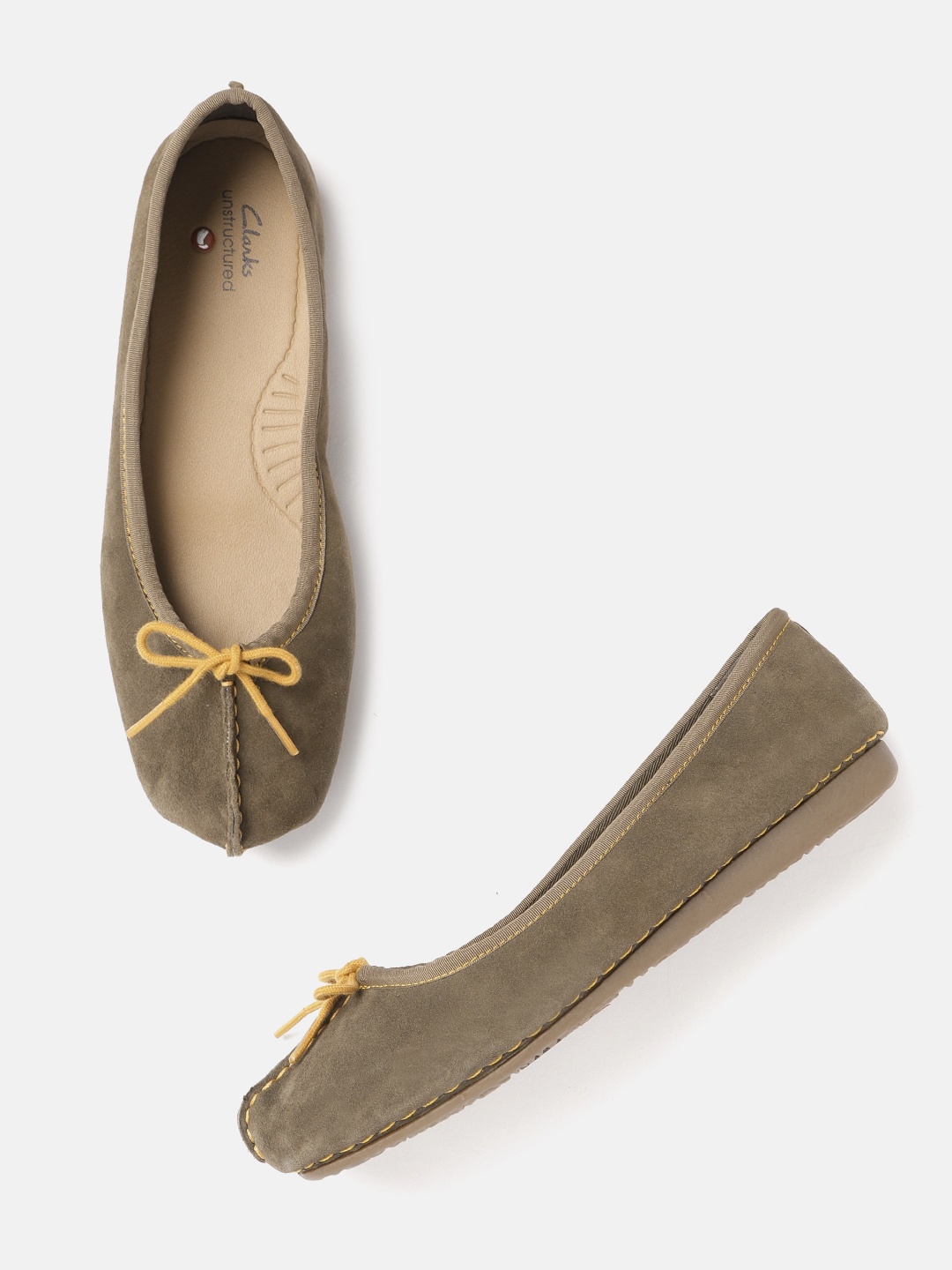 

Clarks Women Olive Green Suede Ballerinas with Bows Detail