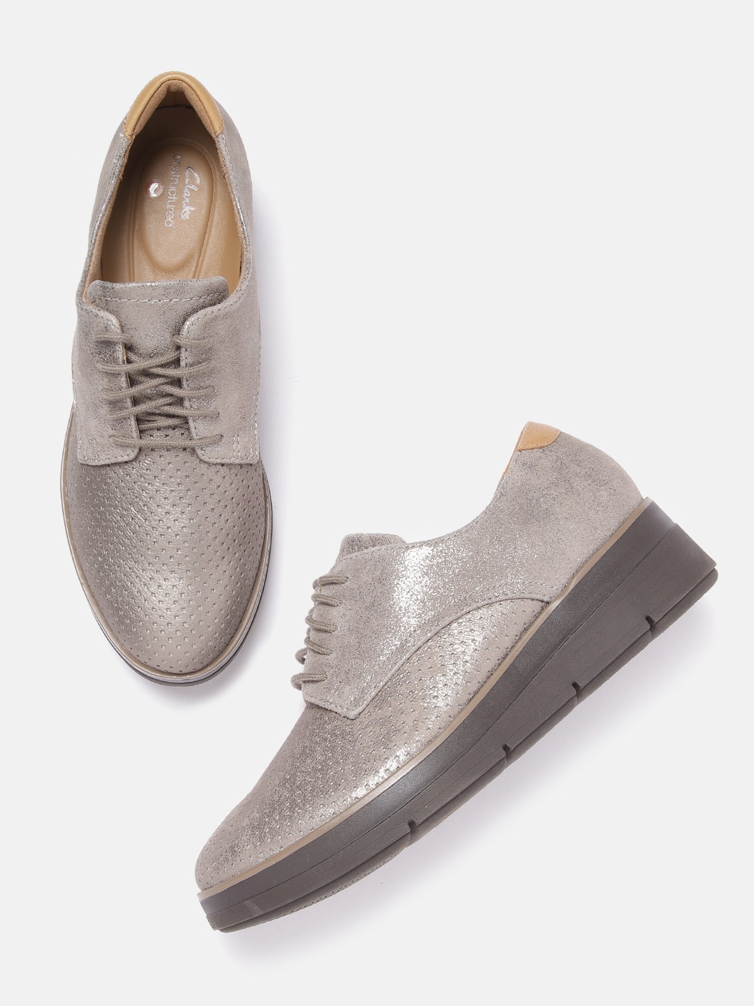 

Clarks Women Taupe Shimmery Perforated Leather Brogues