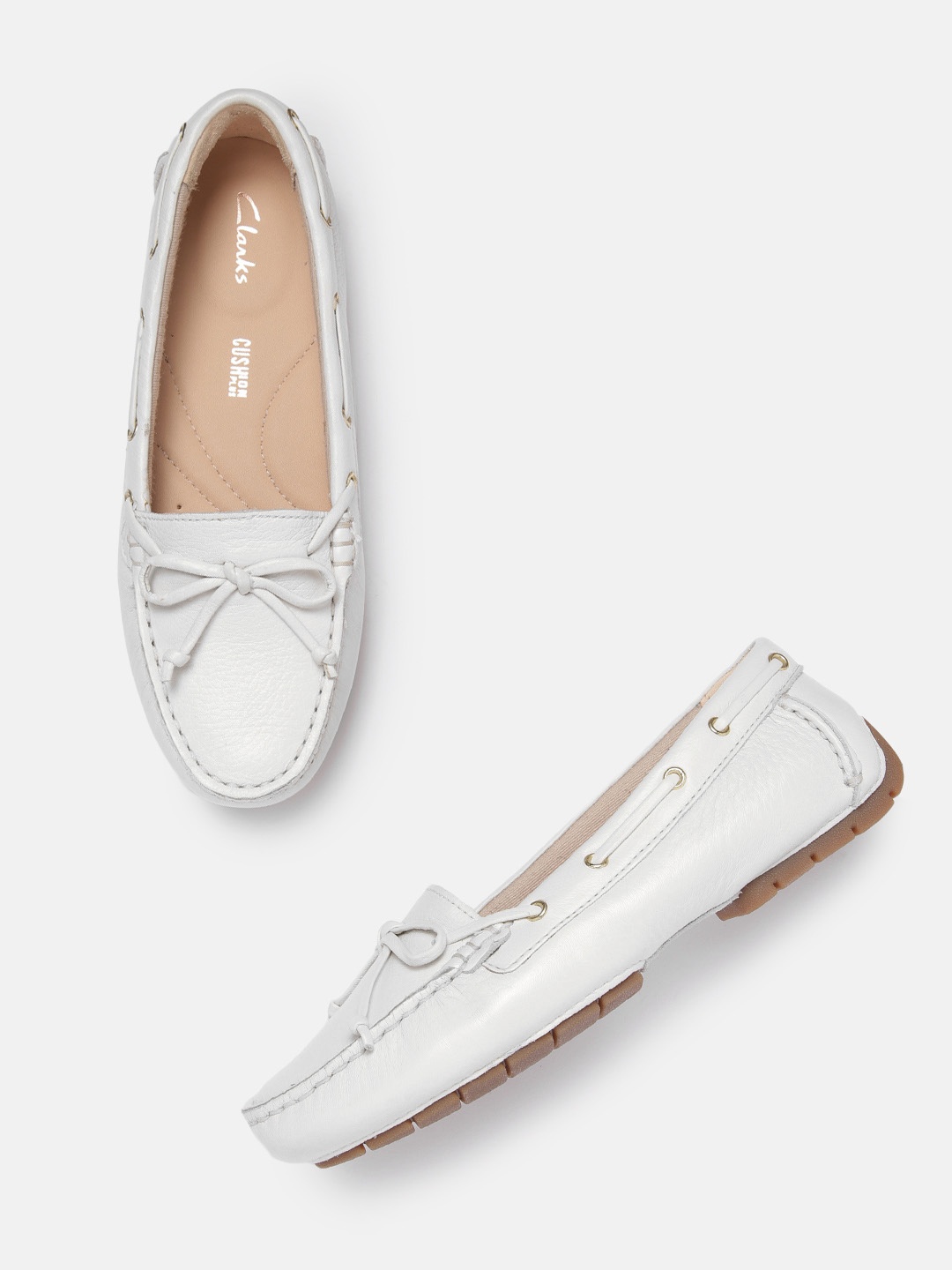 

Clarks Women White Solid Leather Boat Shoes with Bow Detail