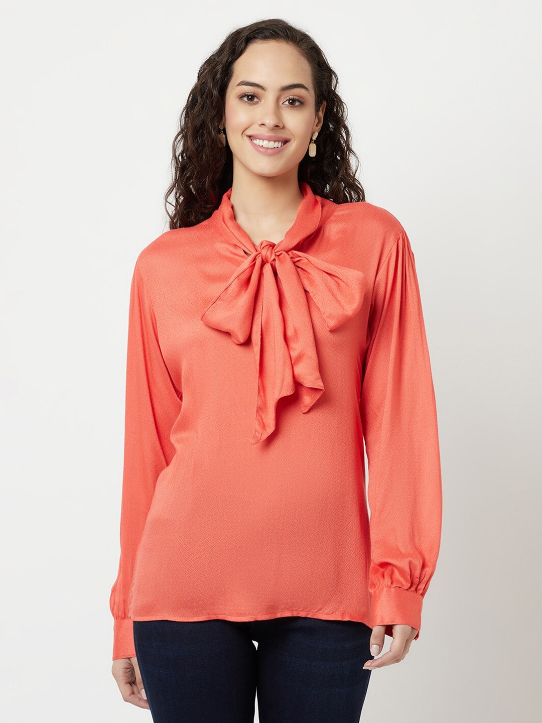 

Crimsoune Club Women Coral Tie-Up Neck Top