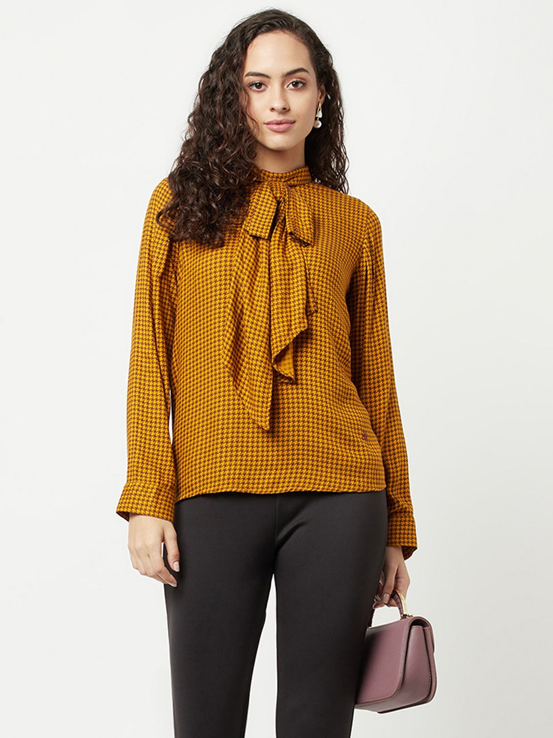 

Crimsoune Club Women Mustard Yellow Print Tie-Up Neck Top