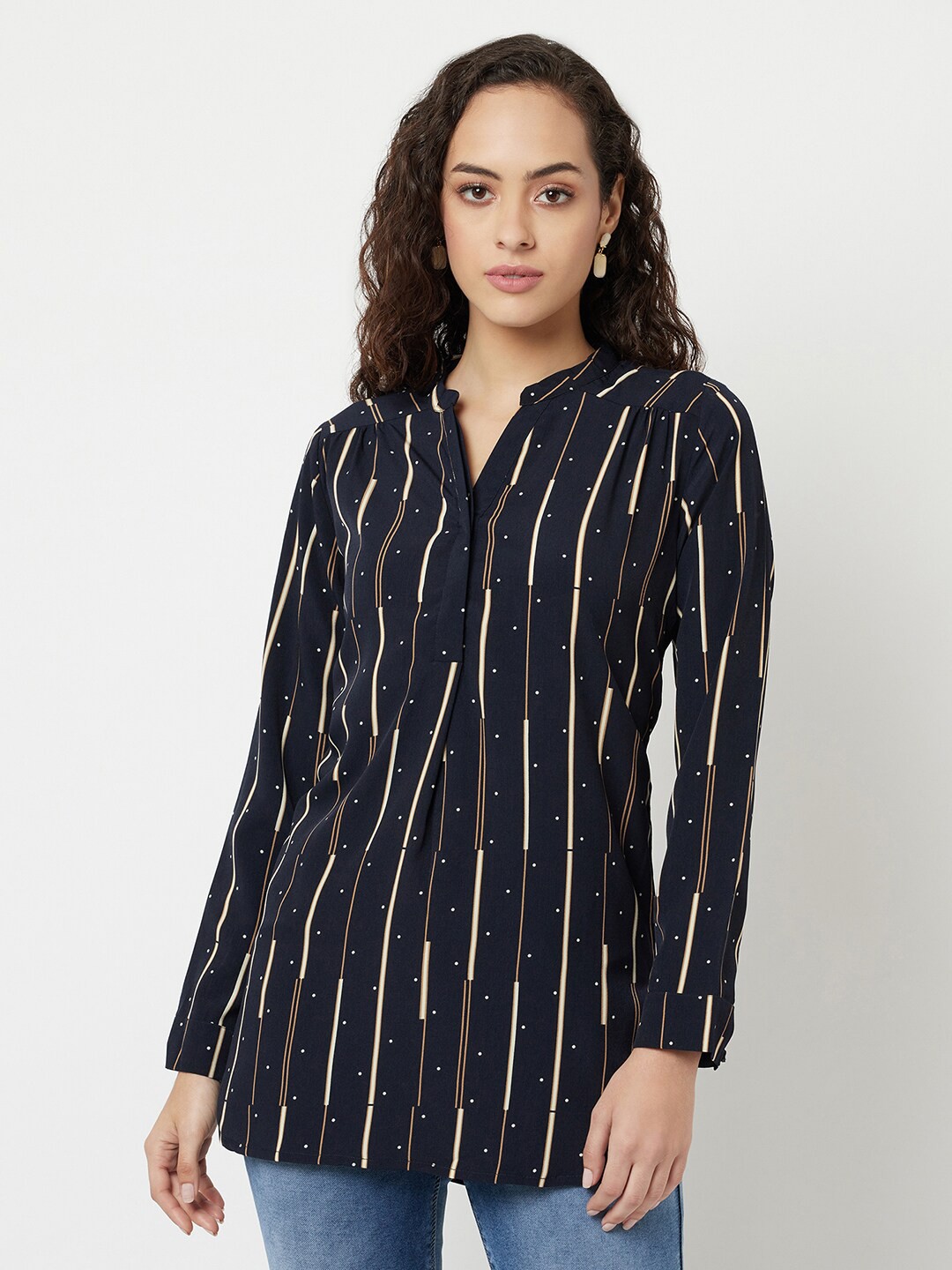 

Crimsoune Club Women Navy Blue Print Mandarin Collar Shirt Style Top