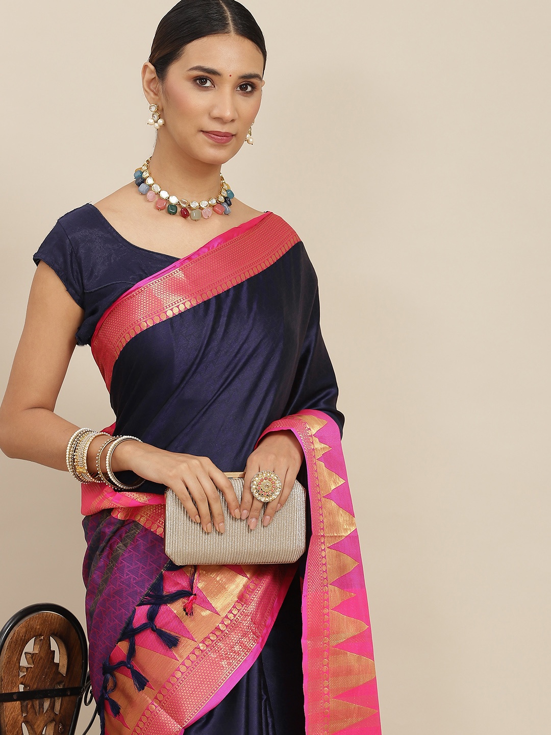 

Ishin Navy Blue Solid Zari Saree