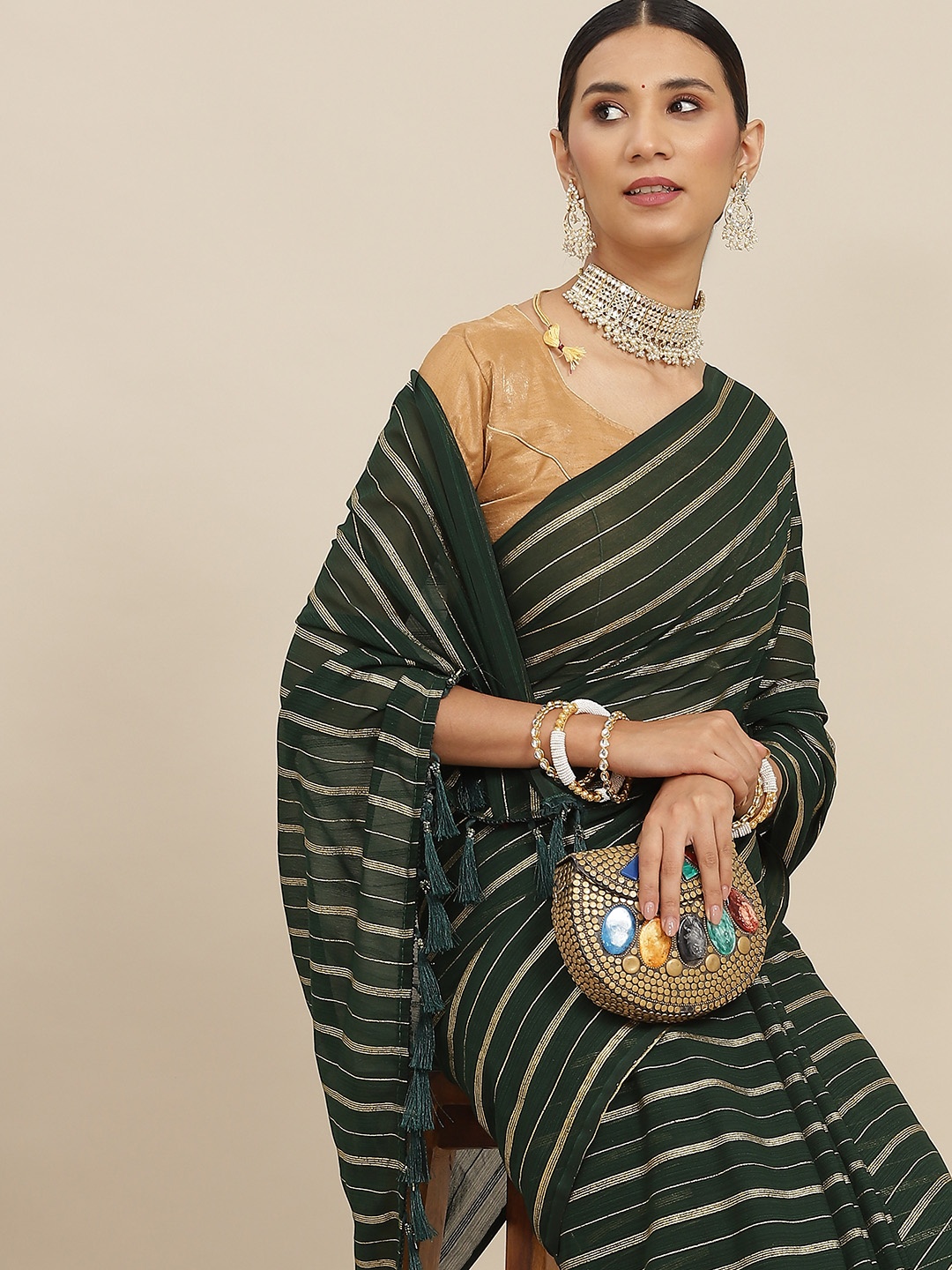 

Ishin Green Striped Saree