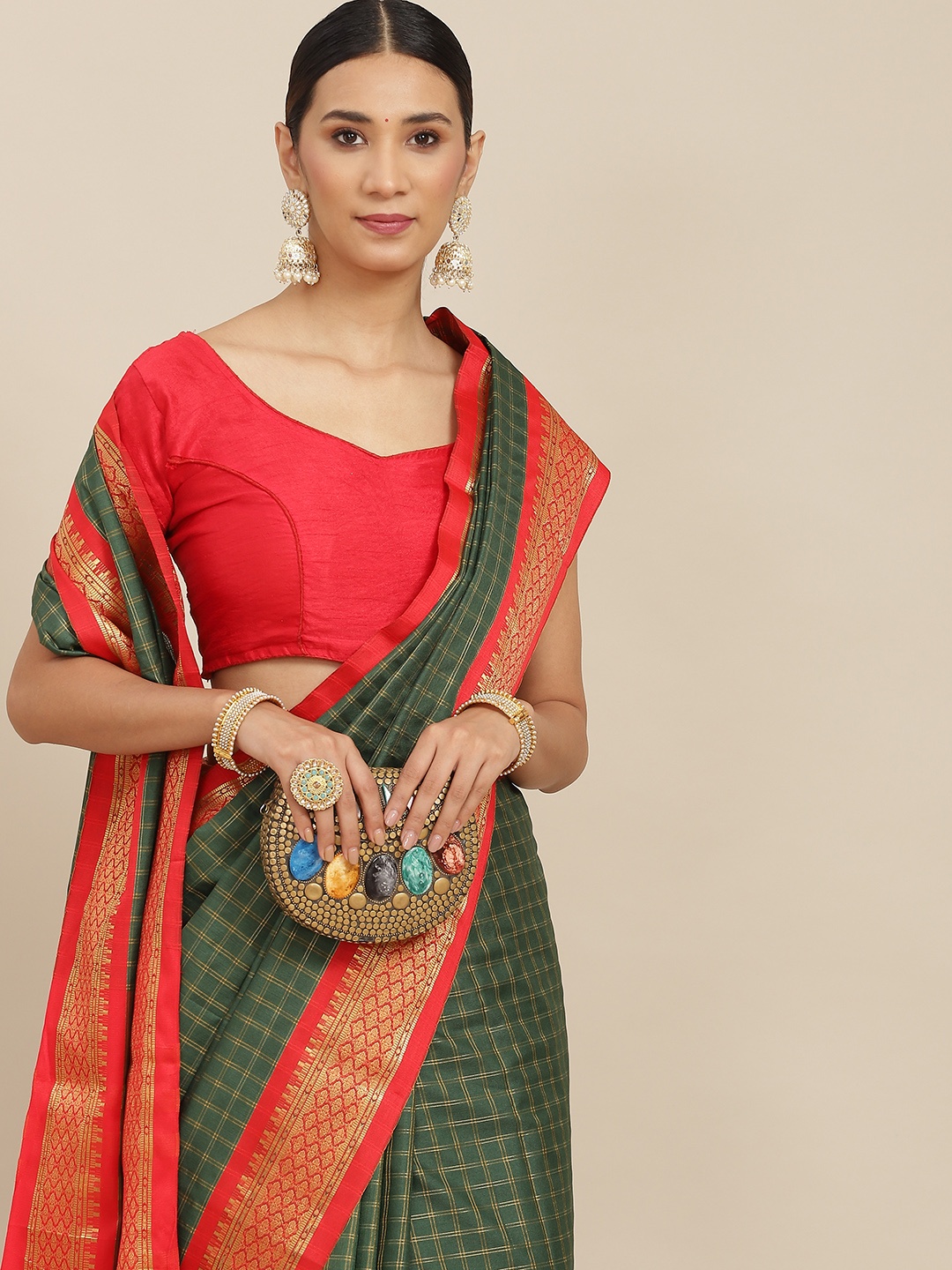 

Ishin Green Checked Zari Silk Cotton Saree