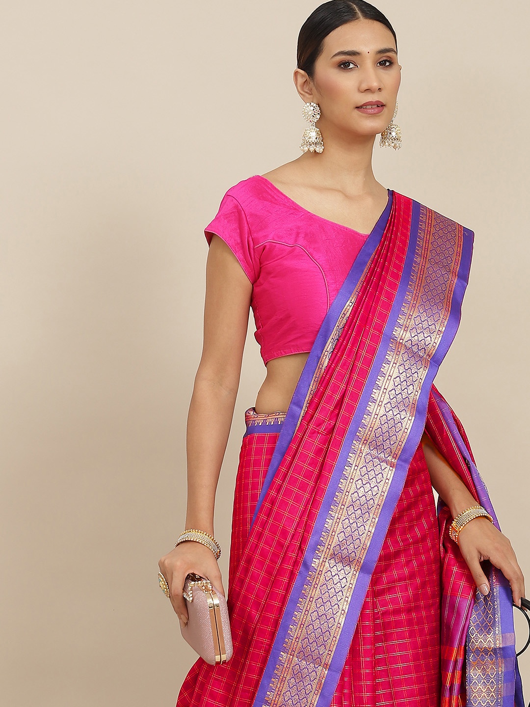 

Ishin Pink Checked Zari Silk Cotton Saree