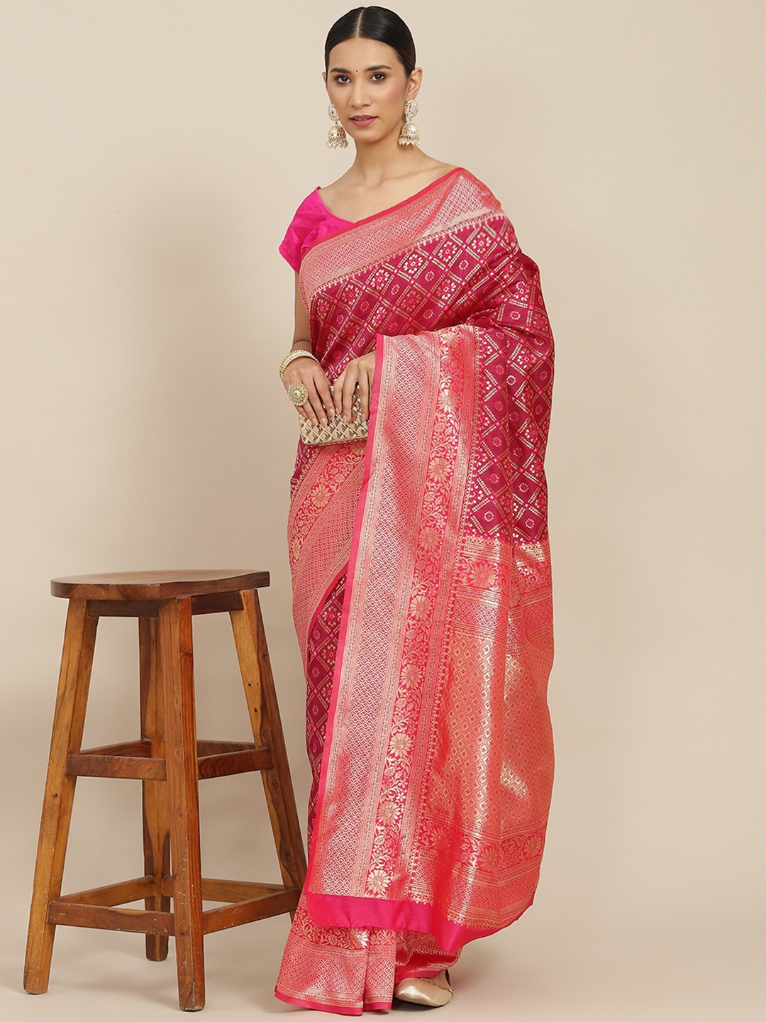 

Ishin Pink & Golden Ethnic Design Zari Banarasi Saree