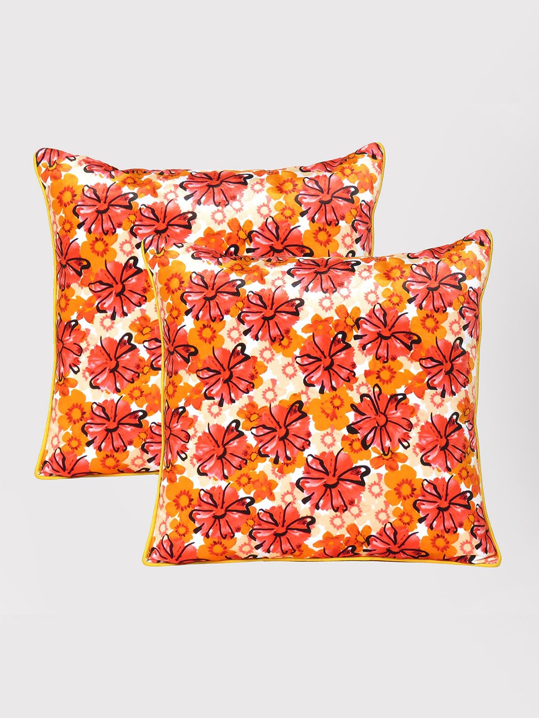 

OUSSUM Set of 2 Yellow & Red Floral Velvet Square Cushion Covers