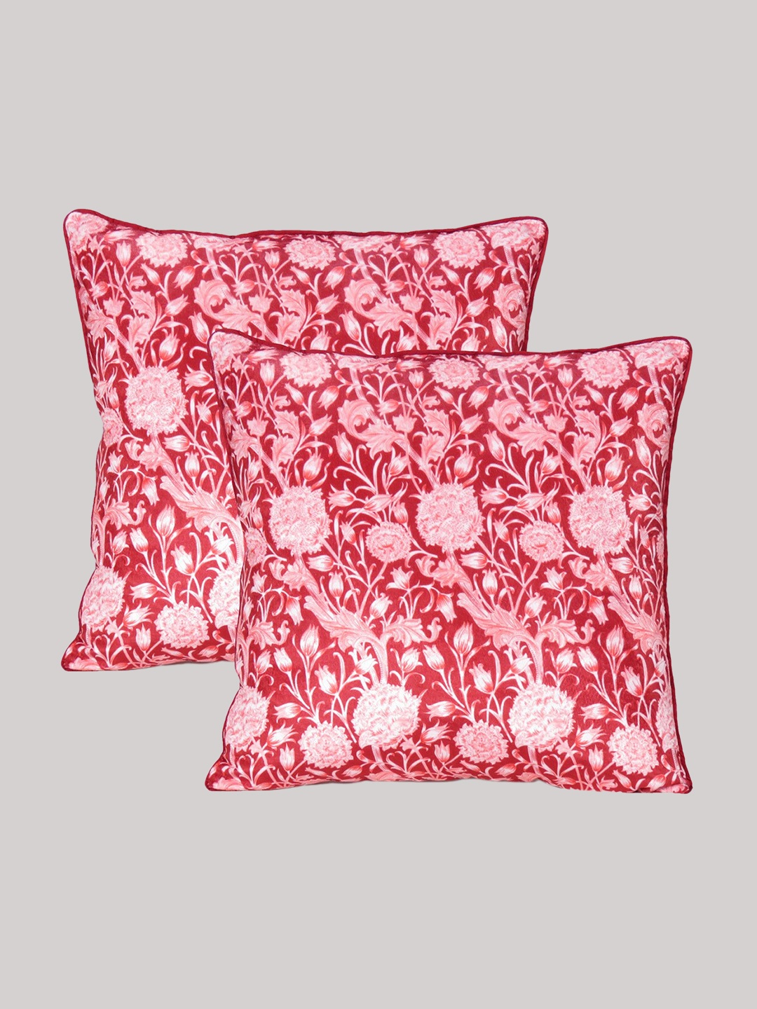 

OUSSUM Red & White Set of 2 Floral Velvet Square Cushion Covers