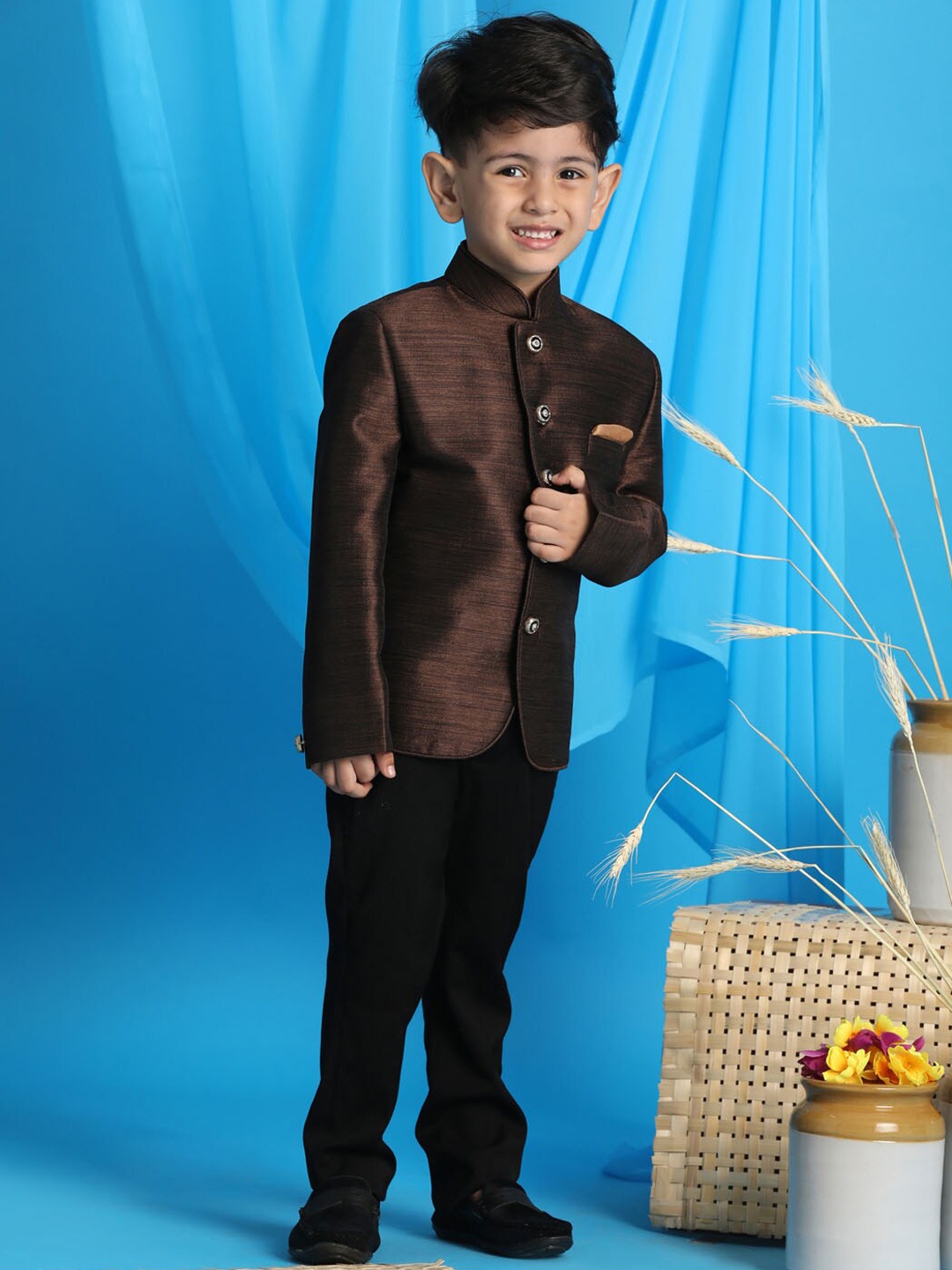 

VASTRAMAY Boys Coffee Brown Solid Jodhpuri Blazer