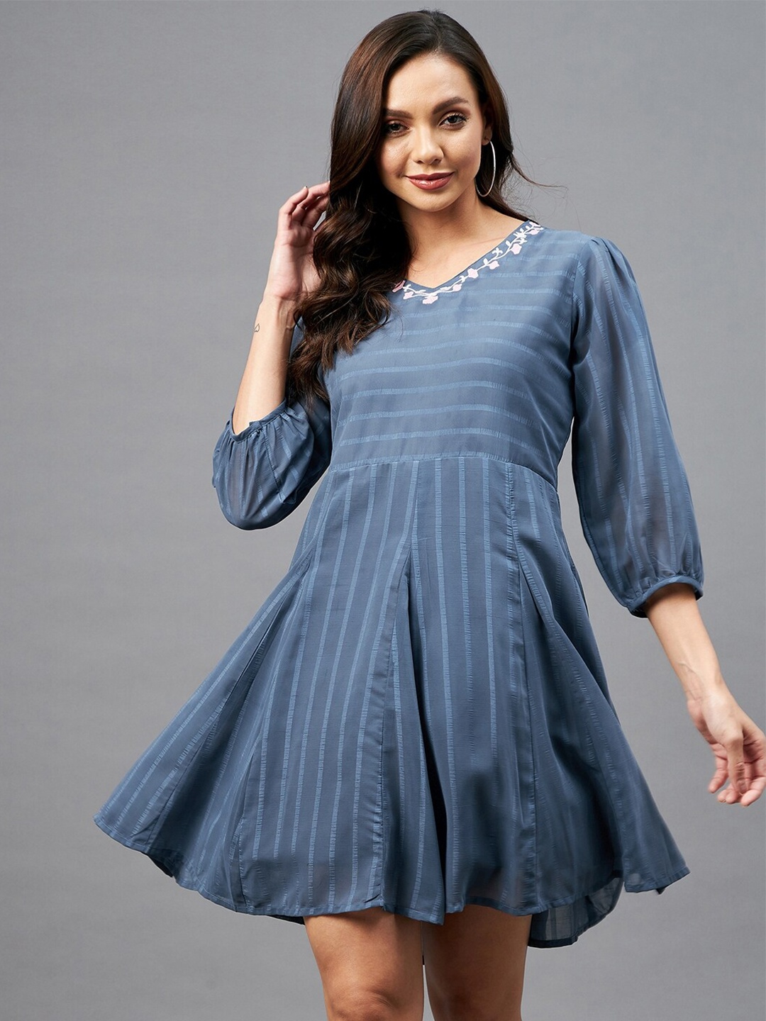 

Azira Blue Striped Georgette Embroidered A-Line Dress