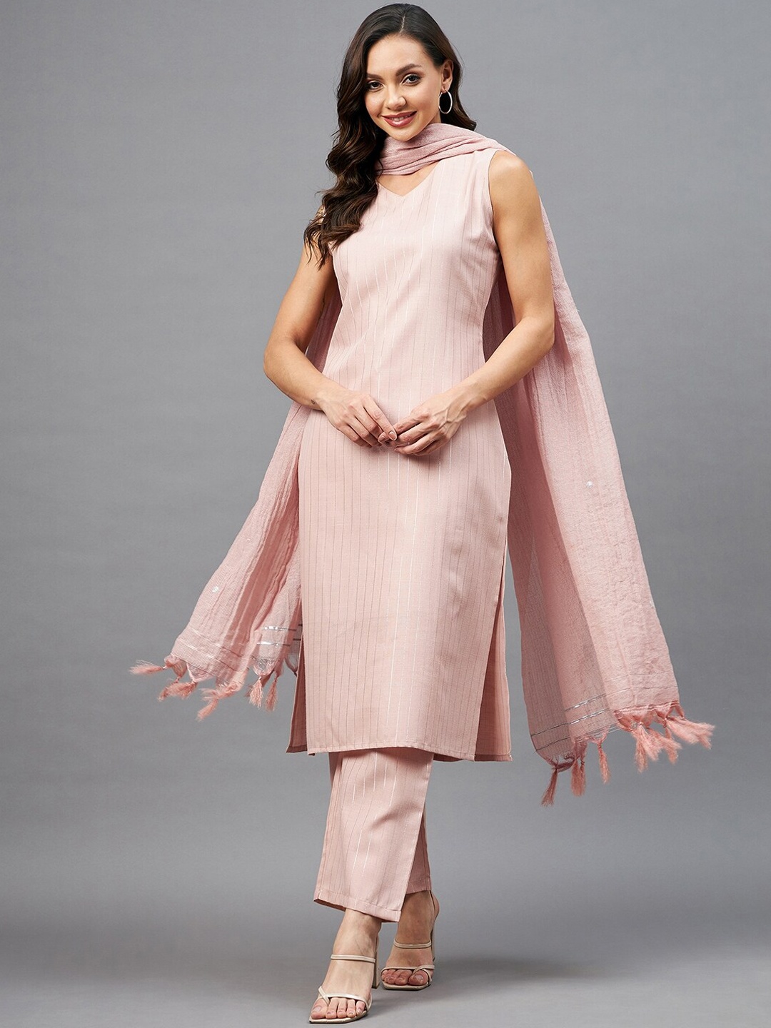

Azira Women Peach-Coloured Striped Gotta Patti Kurti with Trouser & With Dupatta
