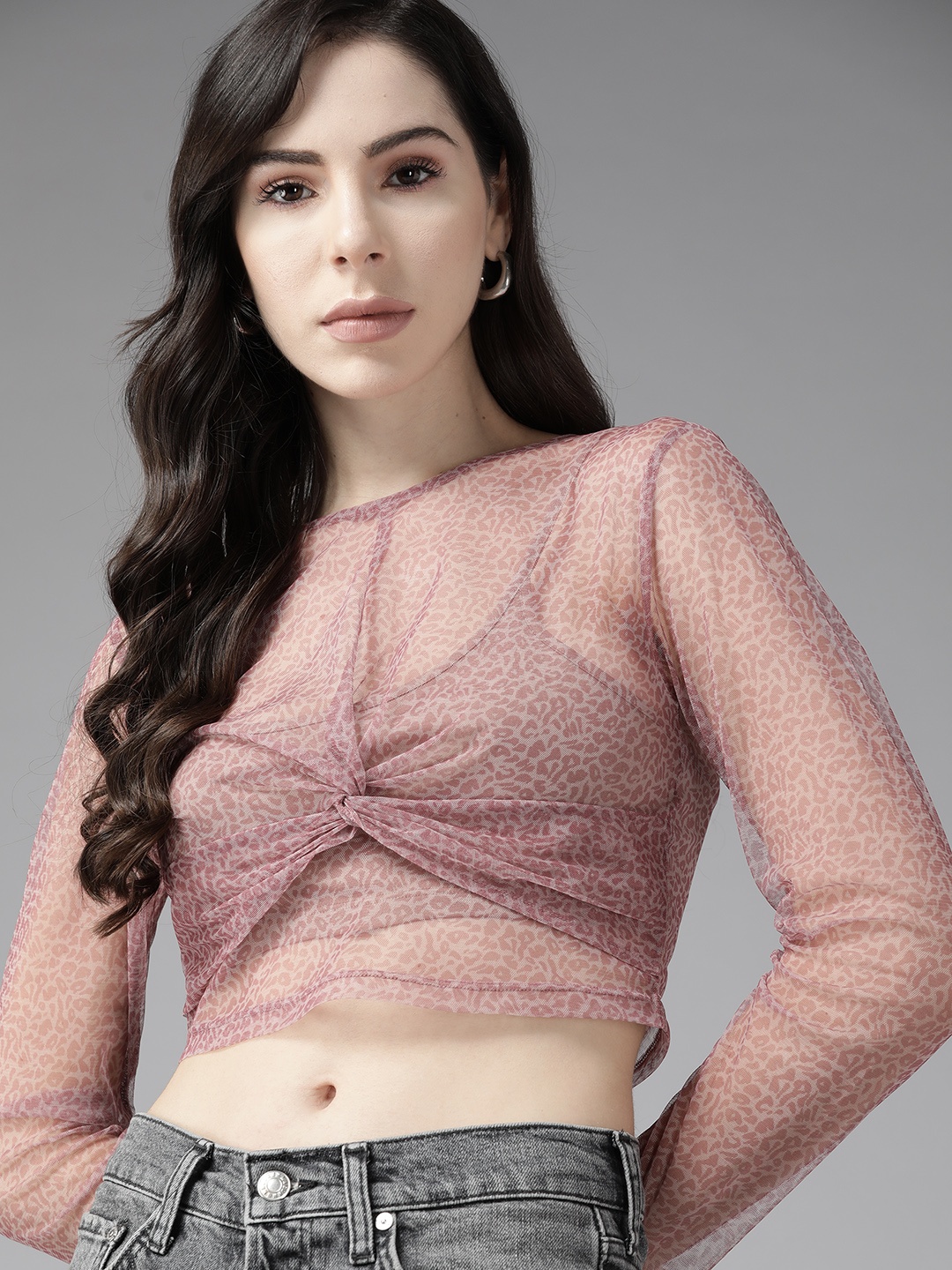 

Roadster Pink Animal Print Twisted Sheer Georgette Crop Top