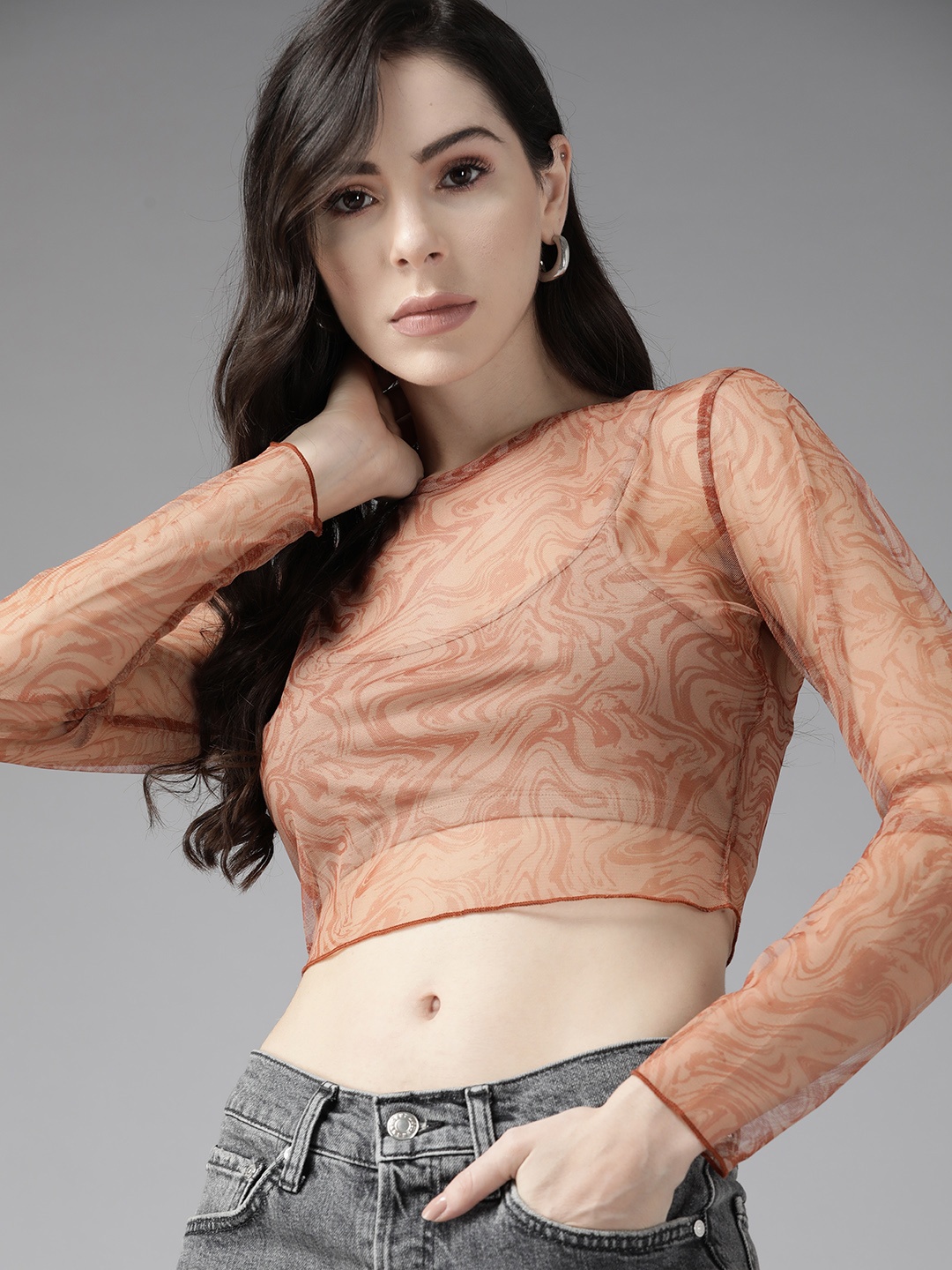 

Roadster Rust Brown Abstract Print Sheer Georgette Crop Top