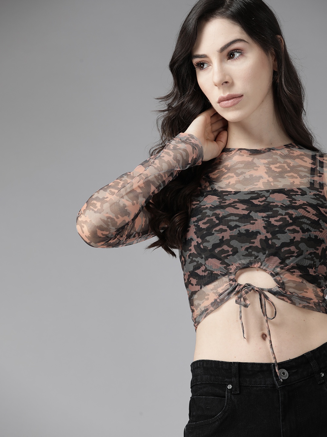 

Roadster Black & Rust Orange Printed Sheer Georgette Crop Top