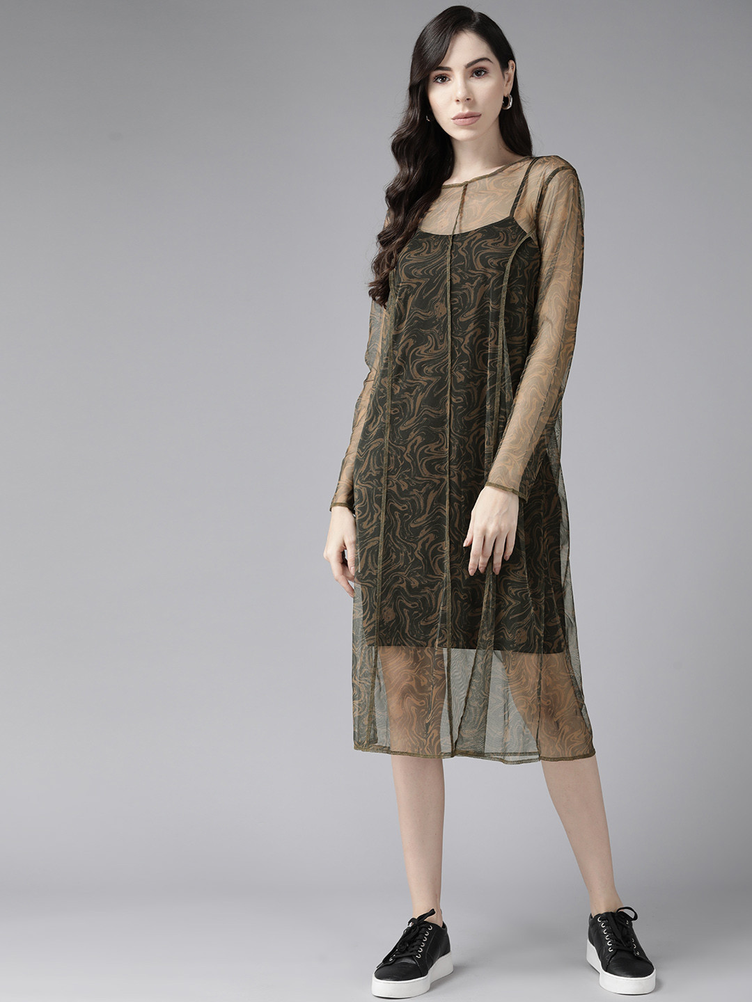 

Roadster Black & Brown Abstract Print A-Line Midi Dress