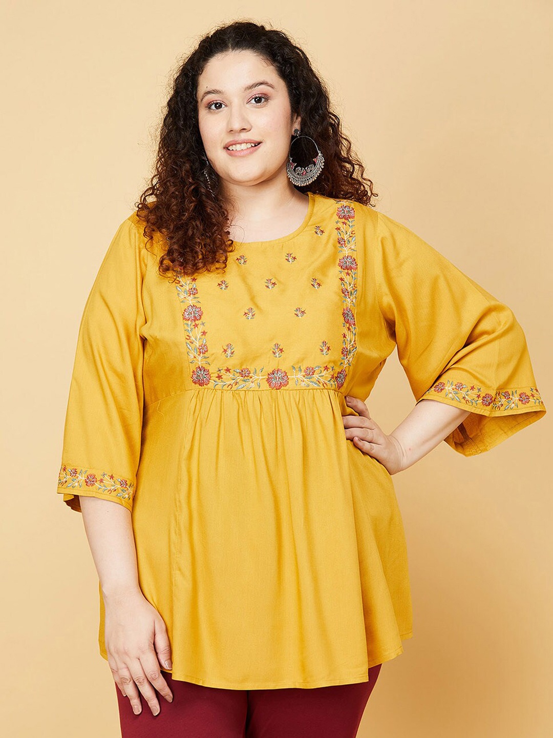 

max Women Mustard & Red Rayon Embroidered Tunic
