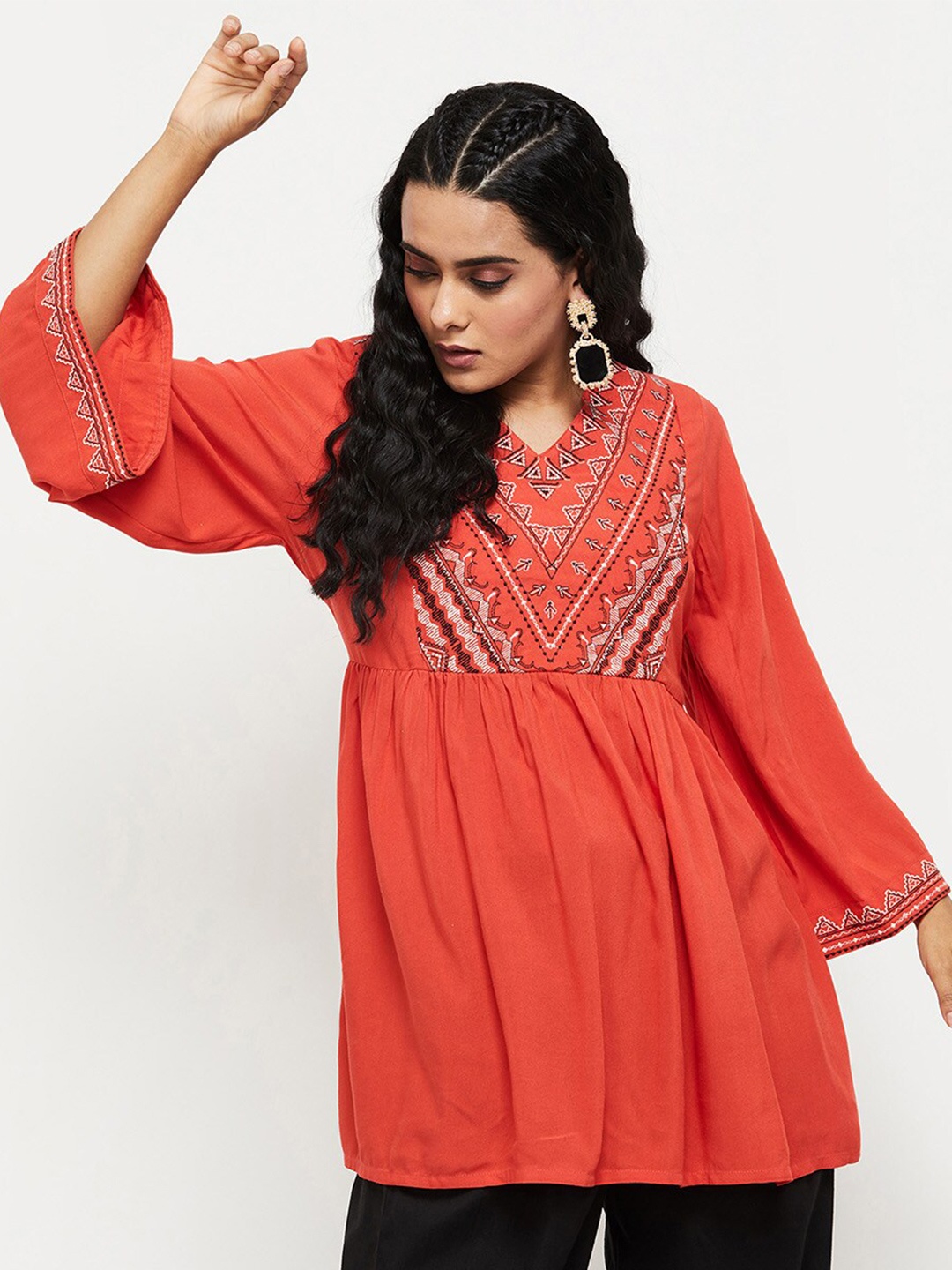 

max Orange & Black Viscose Rayon Embroidered Tunic