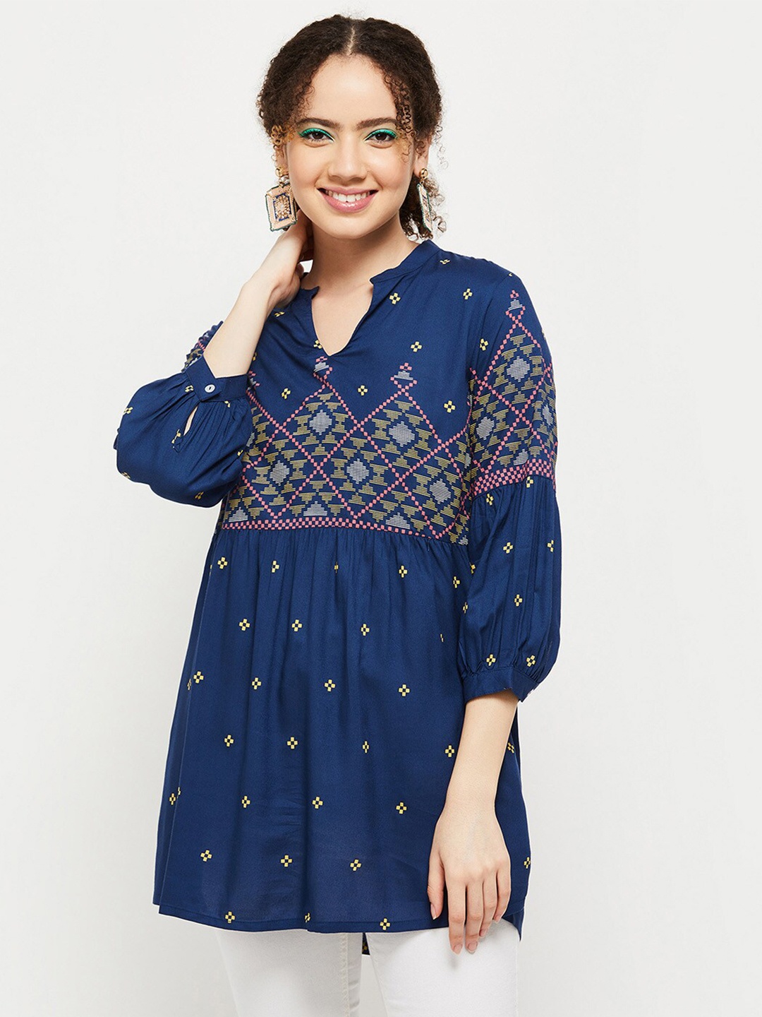 

Max Blue & Grey Mandarin Collar Printed Tunic