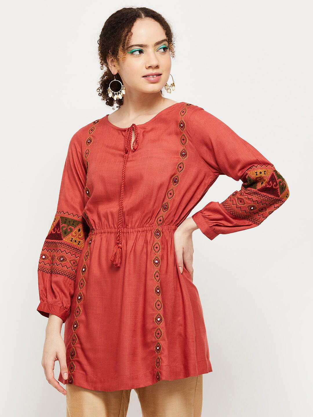 

max Orange & Yellow Embroidered with Cinched Waist Tunic