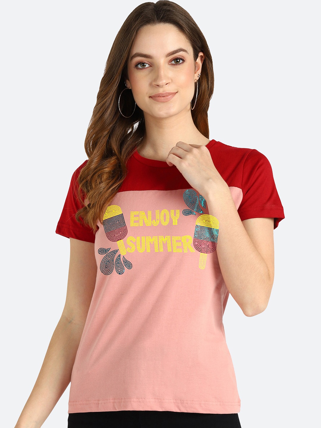 

shashvi Women Red & Pink Typography Printed T-shirt