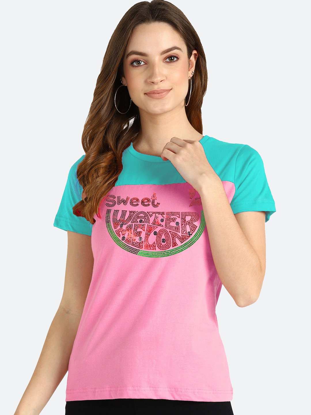 

shashvi Women Pink & Blue Typography Printed T-shirt