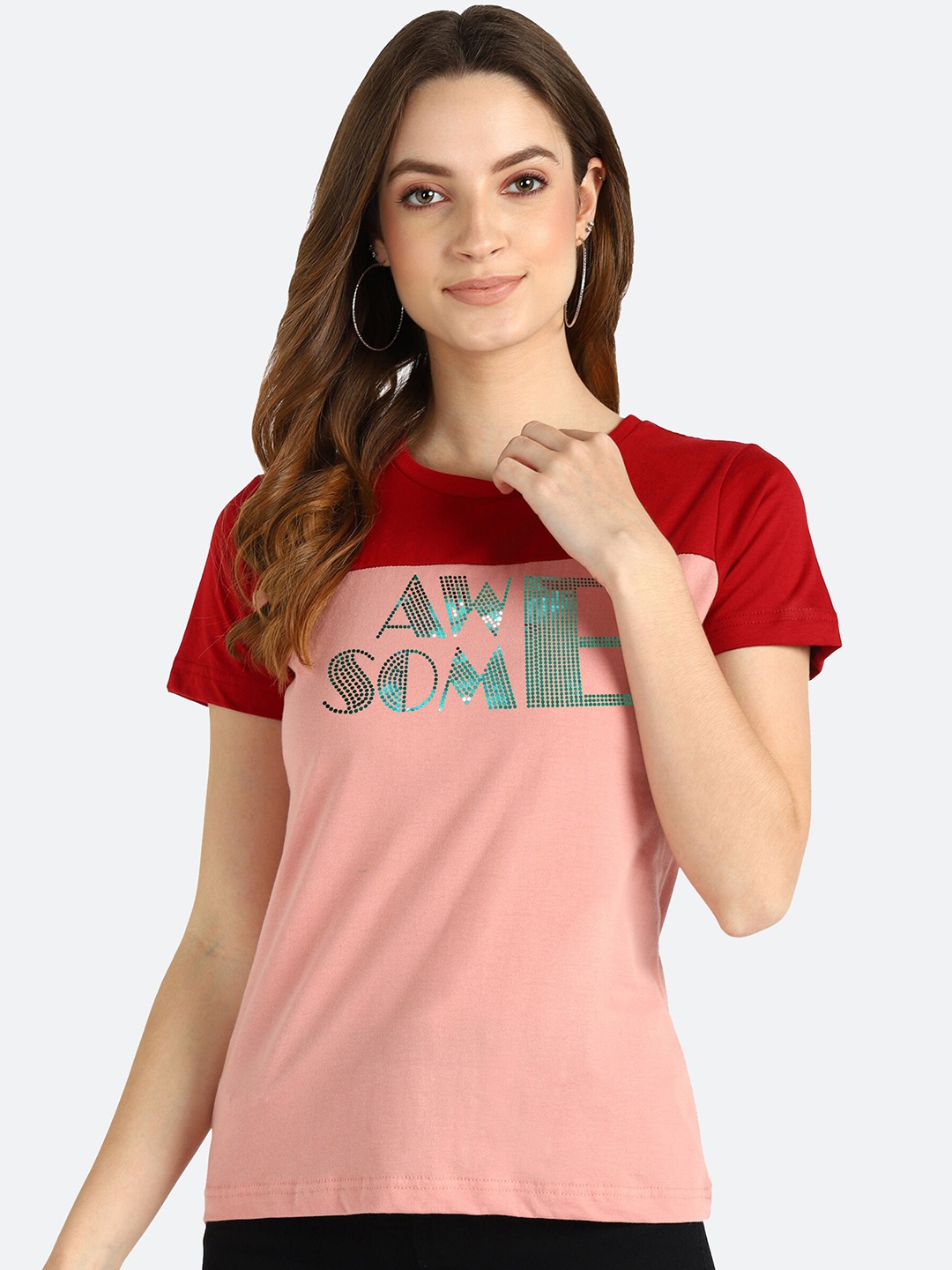 

shashvi Women Red & Peach-Coloured Typography Printed Cotton T-shirt