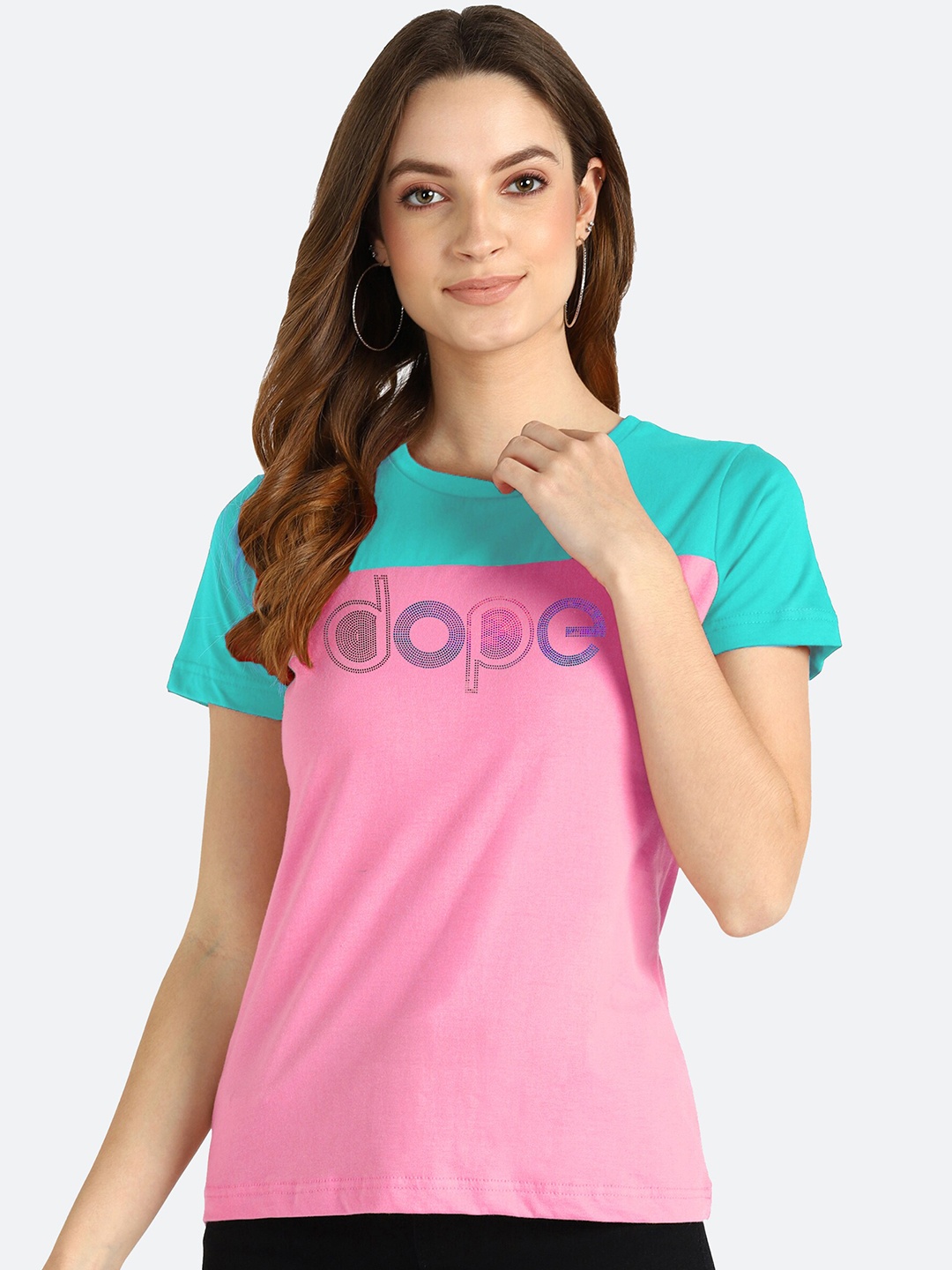 

shashvi Women Pink & Turquoise Blue Typography Colourblocked T-shirt
