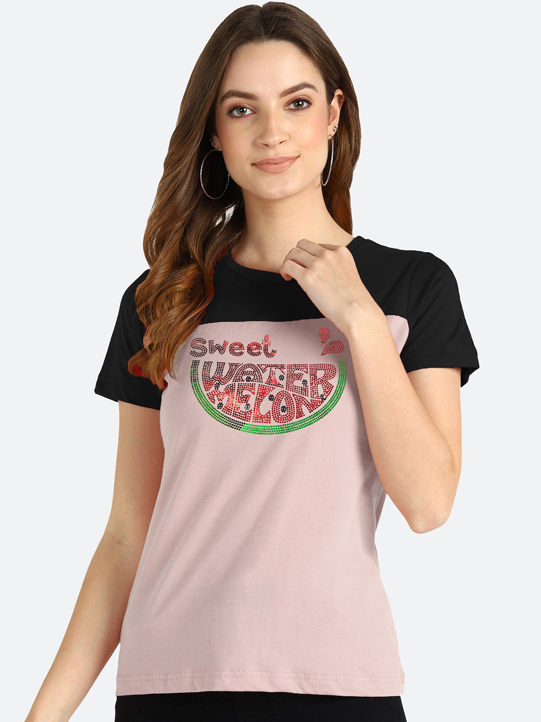 

shashvi Women Pink & Black Typography Printed Cotton T-shirt