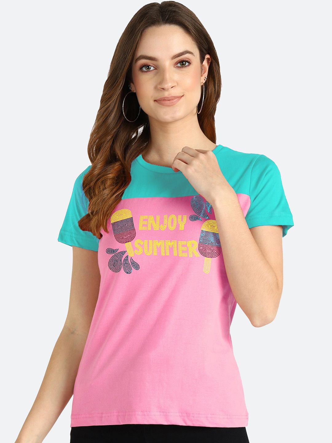 shashvi Women Pink & Blue Embellished T-shirt
