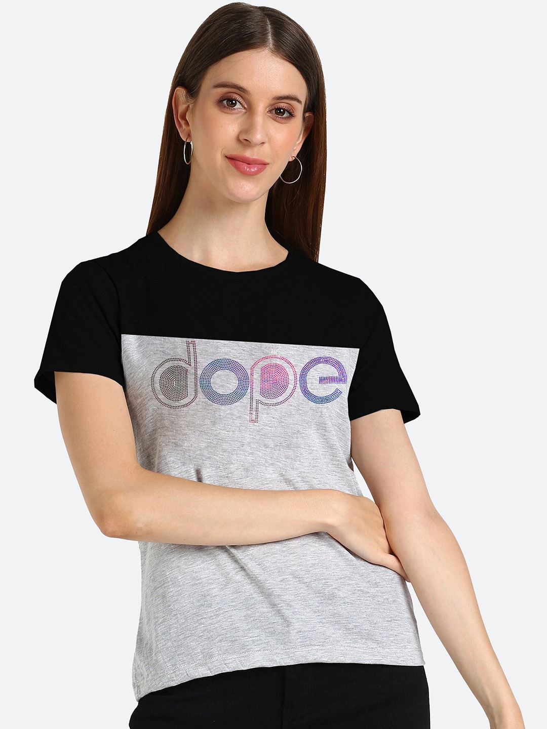 

shashvi Women Grey & Black Typography Printed T-shirt