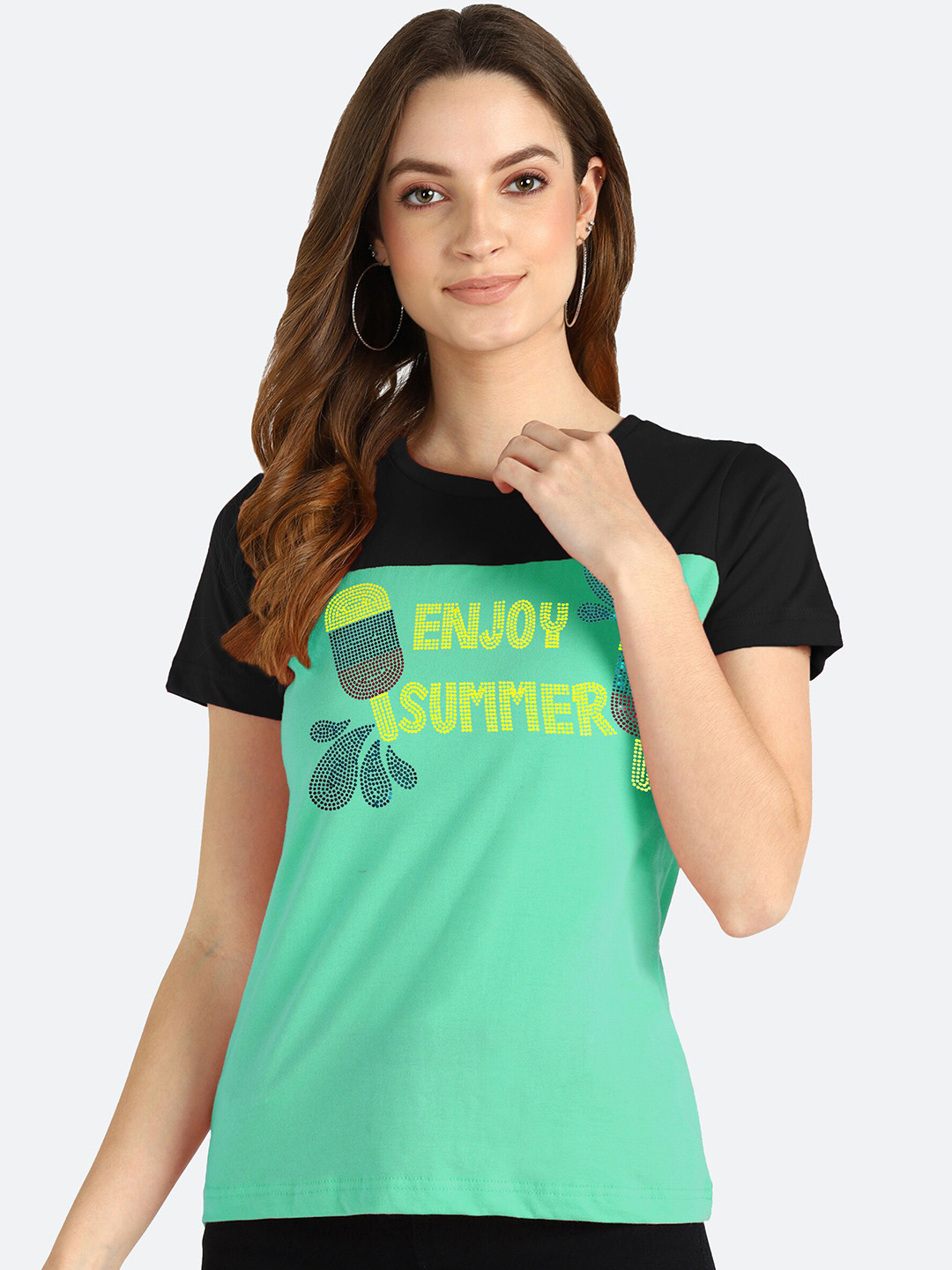

shashvi Women Teal Typography Printed T-shirt