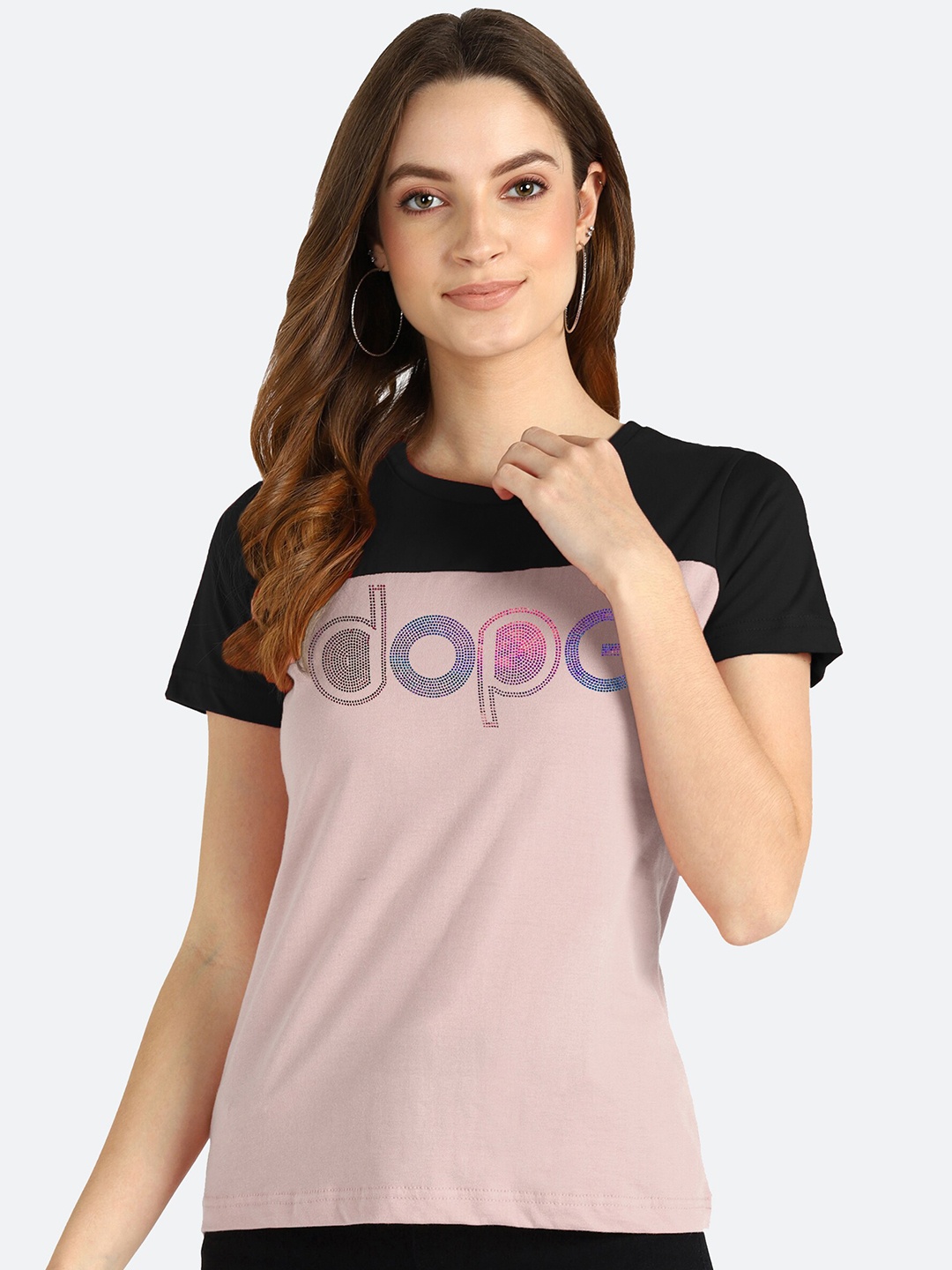 

shashvi Women Purple & Beige Typography Colourblocked T-shirt