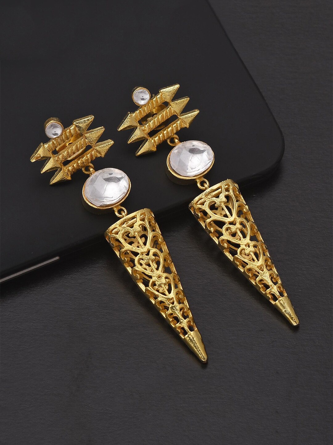 

Tistabene Women White Filigree Kundan Meena Contemporary Drop Earrings