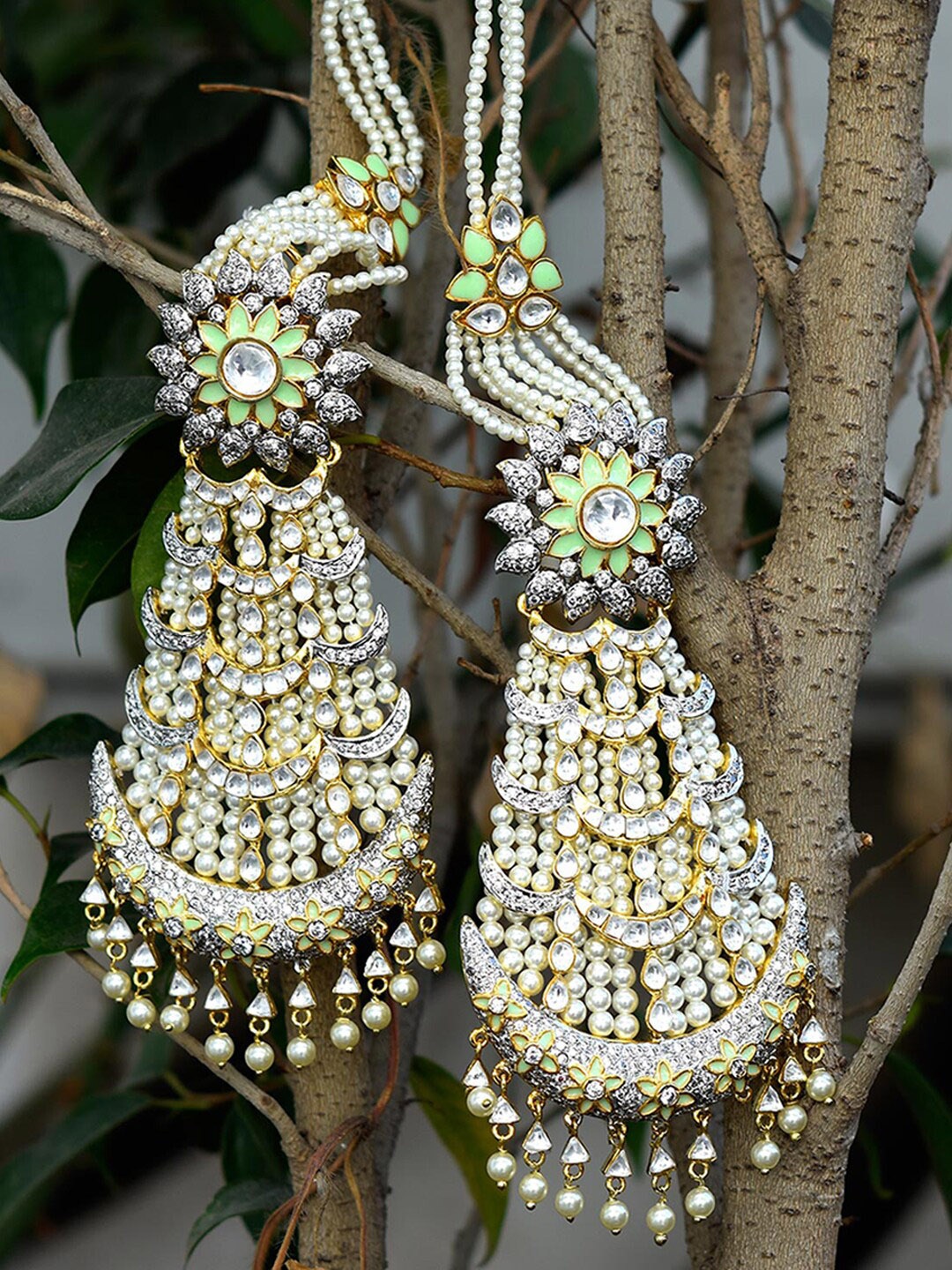 

Tistabene Green Contemporary Floral Kundan Meena Dangler Drop Earrings