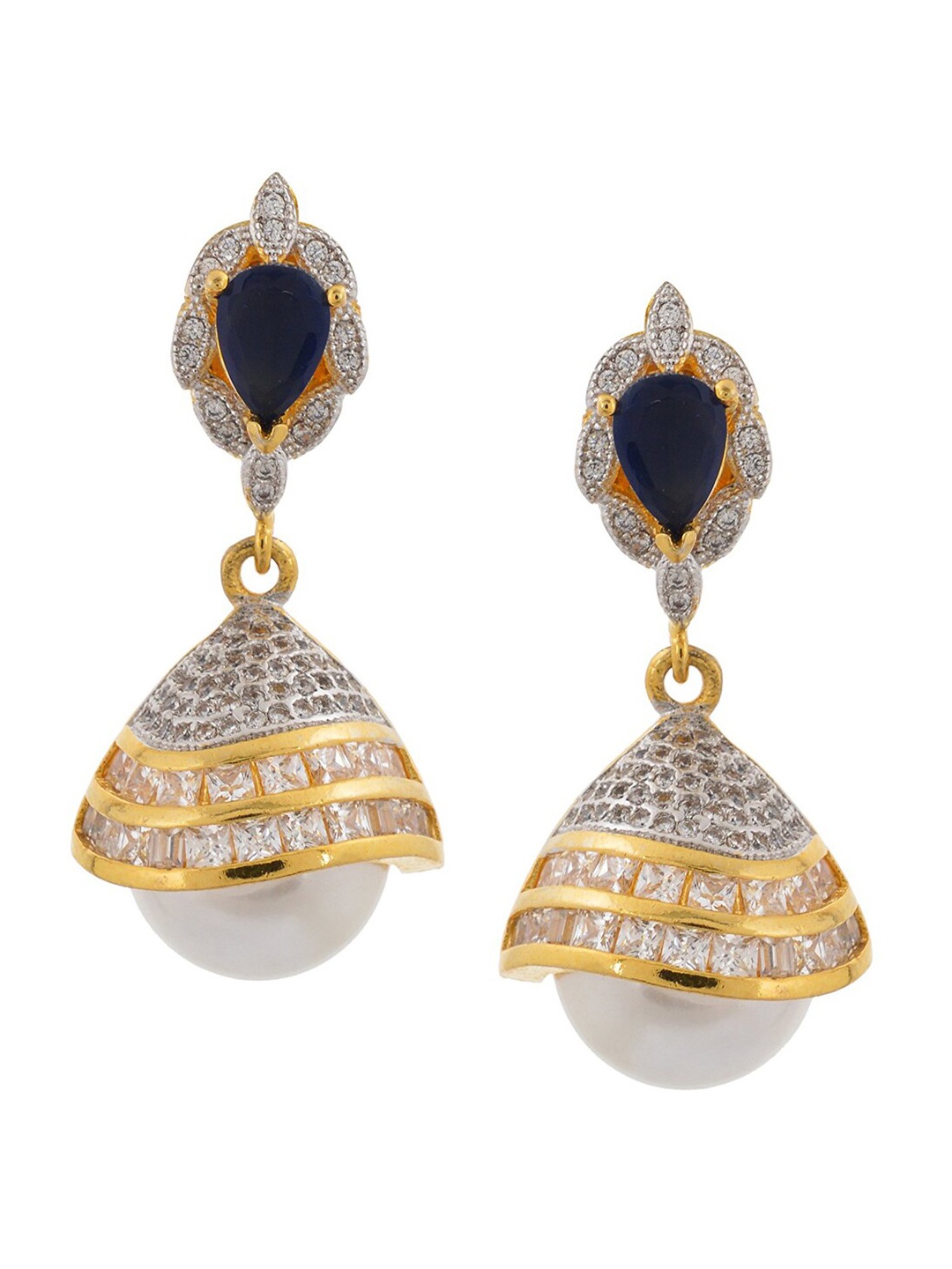

Tistabene Blue & Gold-Toned Artificial Stones Contemporary Jhumkas Earrings