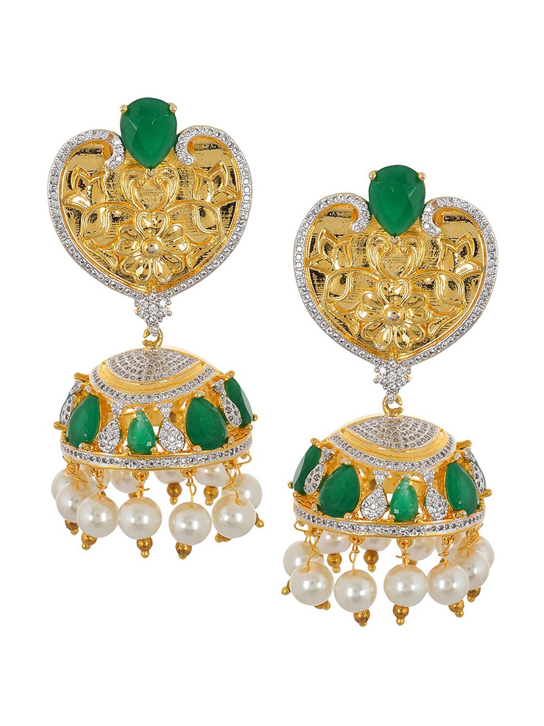 

Tistabene Women Green & White International Diamonds Colored Stones Jhumkas Earrings