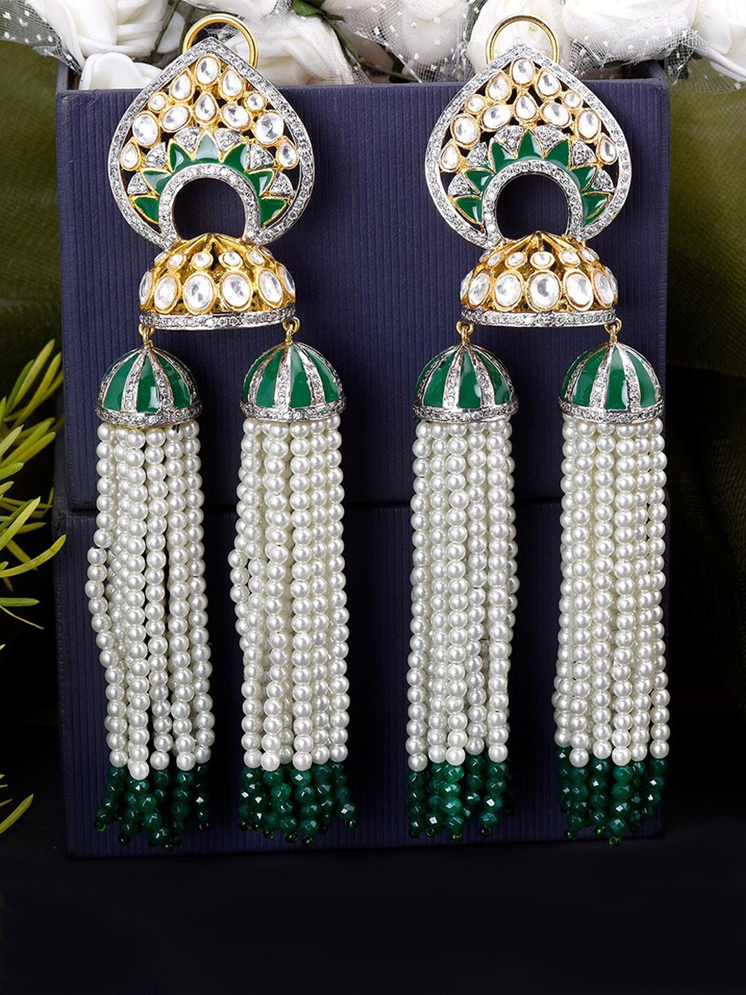 

Tistabene Green Gold-Plated Pearls Polki Meena Two Jhumka Earring