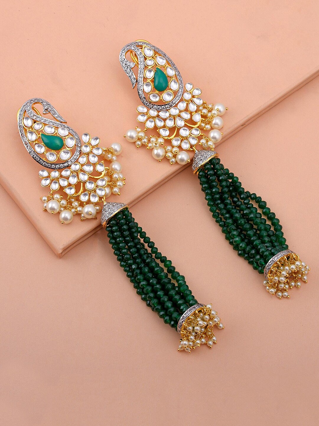 

Tistabene Green & White Gold-Plated Paisley Shaped Drop Earrings