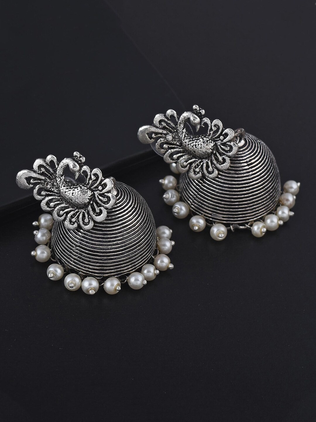 

Tistabene Women White And Silver Toned Peacock Antique Silver Jhumki Earring