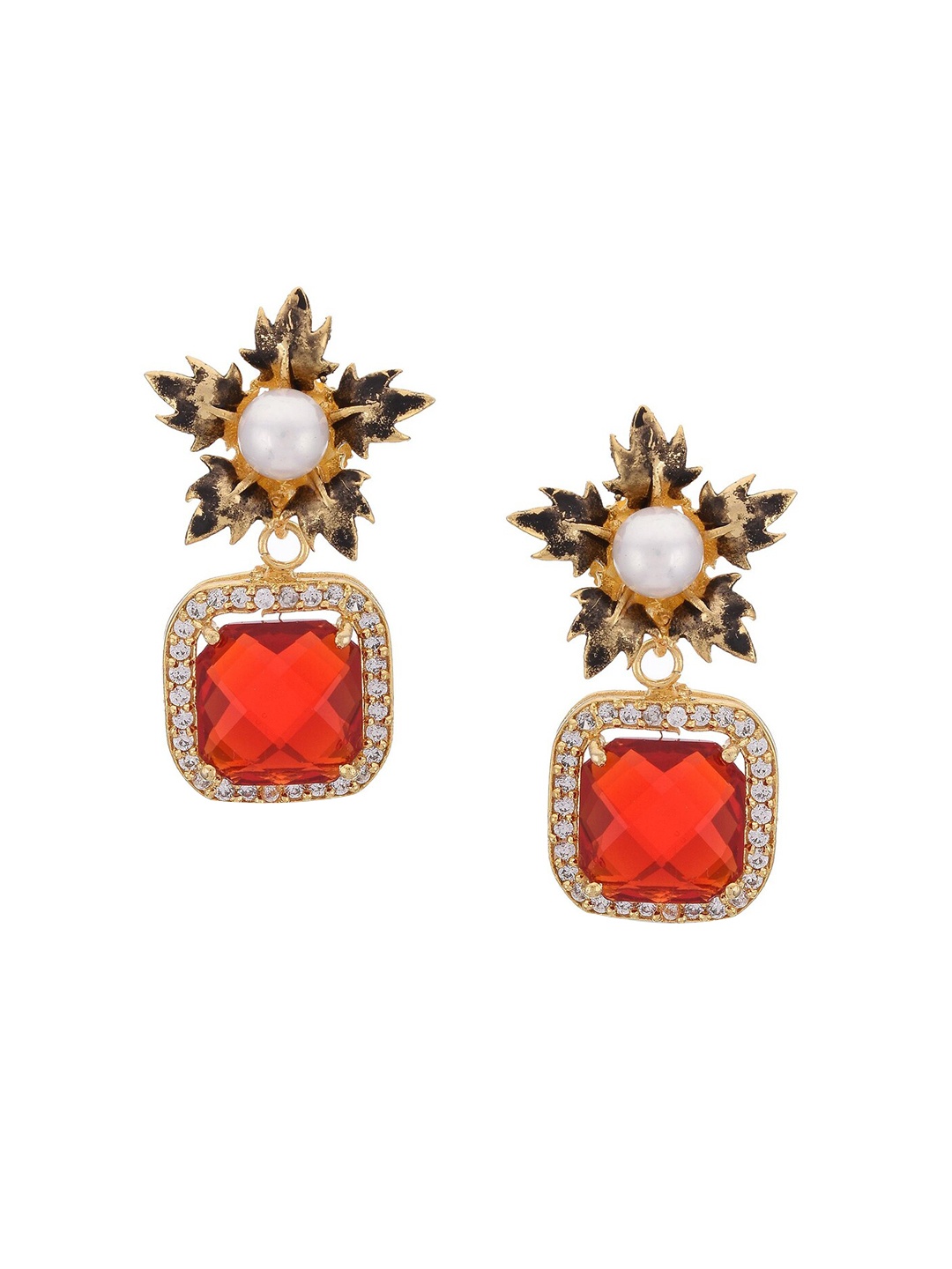 

Tistabene Women Red Gold Plated Floral Indo Western Colored Stones Drop Earrings