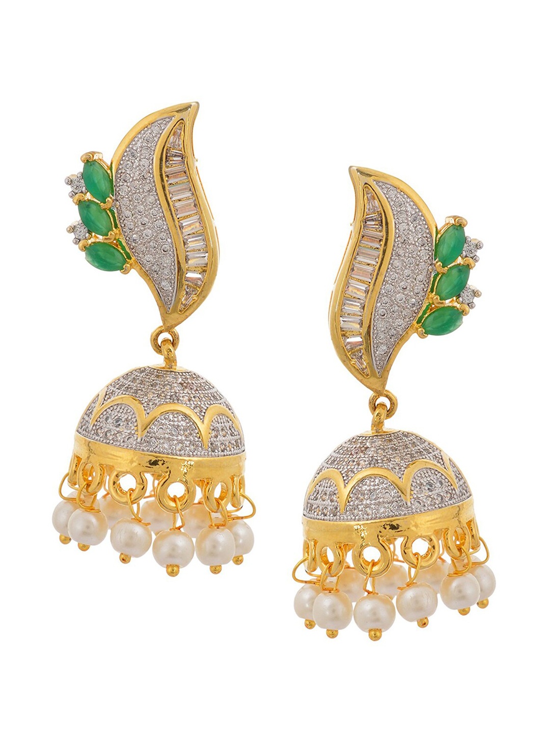 

Tistabene Green & White Dome Shaped Gold-Plated Jhumkas Earrings