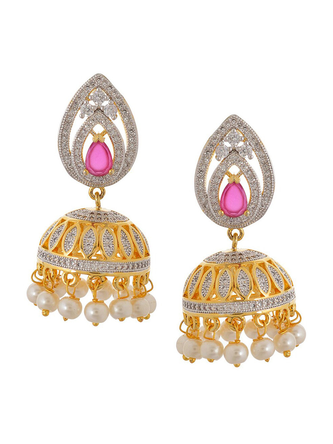 

Tistabene White & Pink Gold-Plated Dome Shaped Jhumkas Earrings