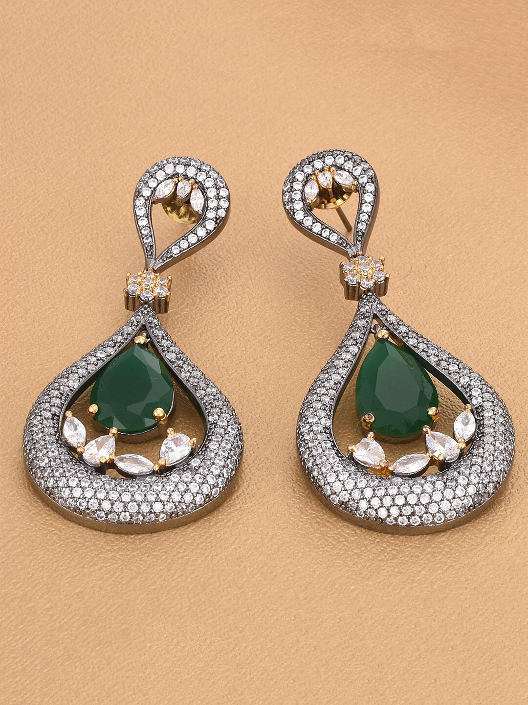 

Tistabene Green Teardrop Shaped Gold-Plated Drop Earrings