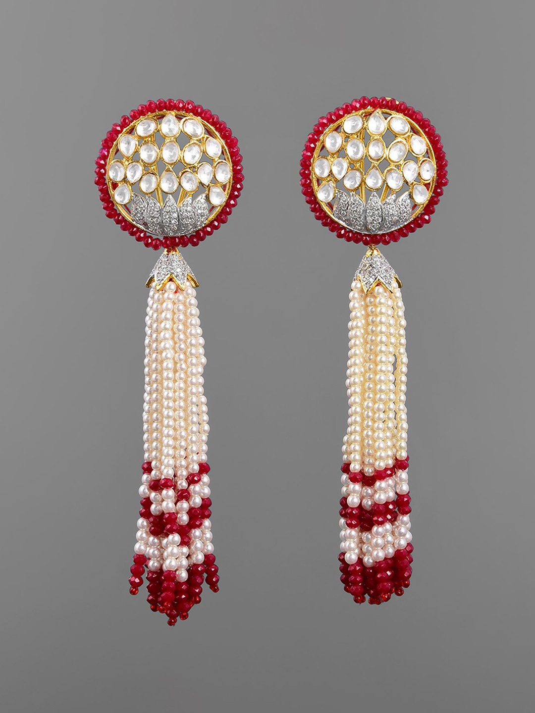 

Tistabene Women Red Contemporary Drop Traditional Kundan Meena Dangler Earrings