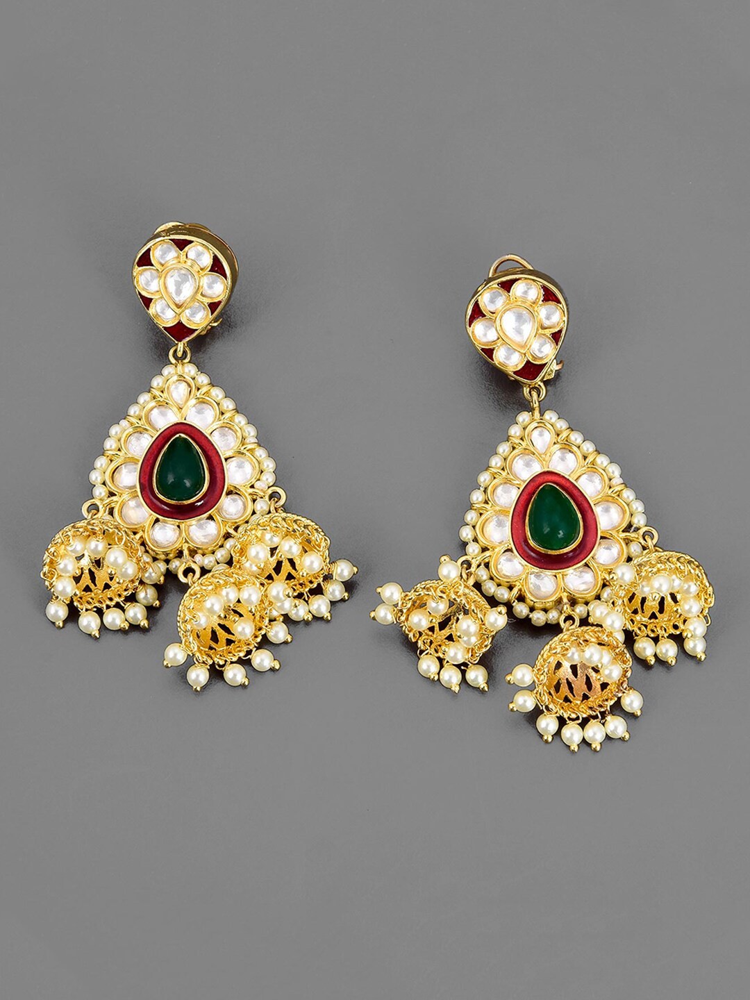 

Tistabene Women Gold-Plated & White Kundan Meena Three Jhumkas Earring