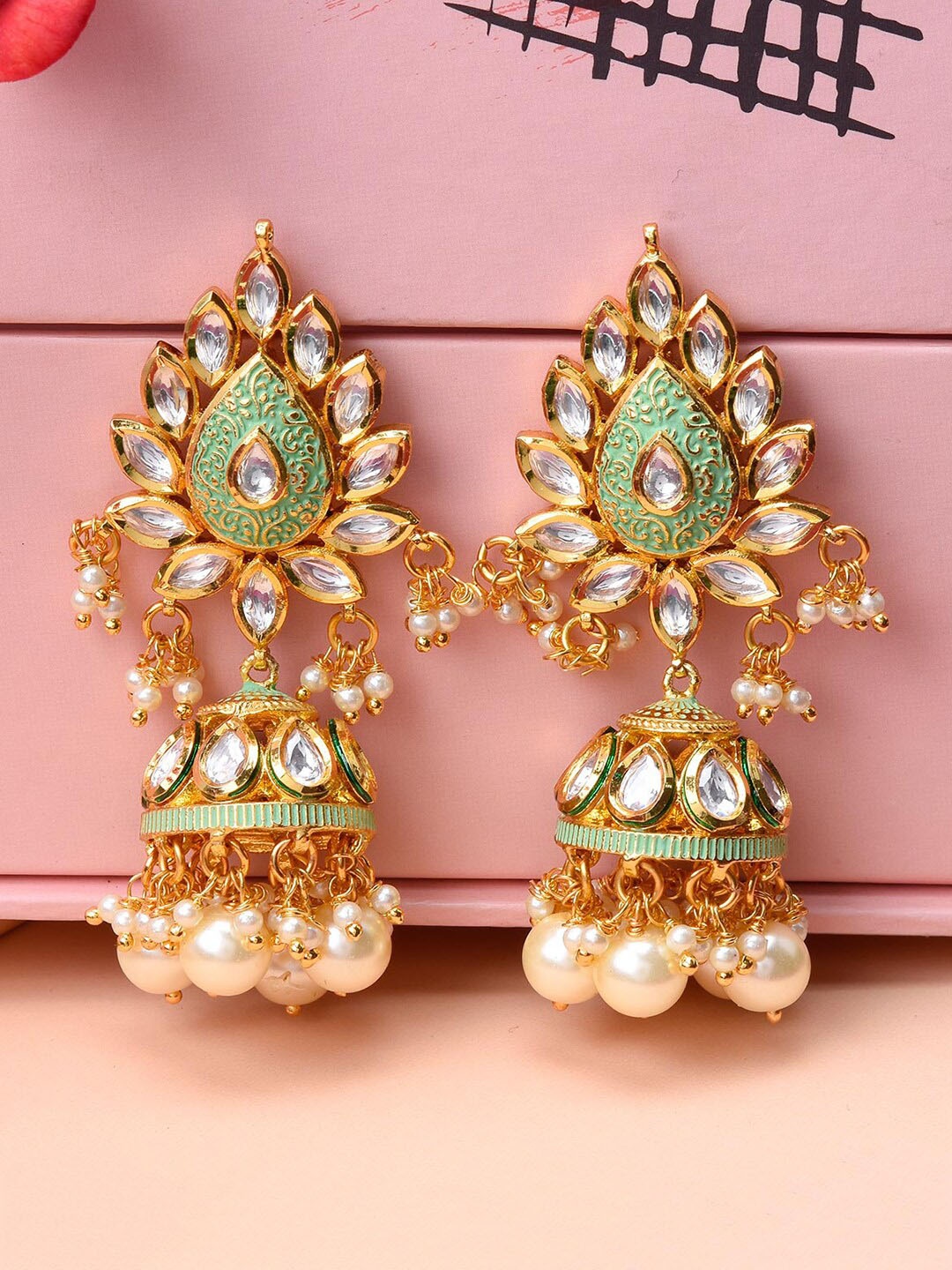 

Tistabene Green Dome Shaped Enamelled Jhumkas Earrings